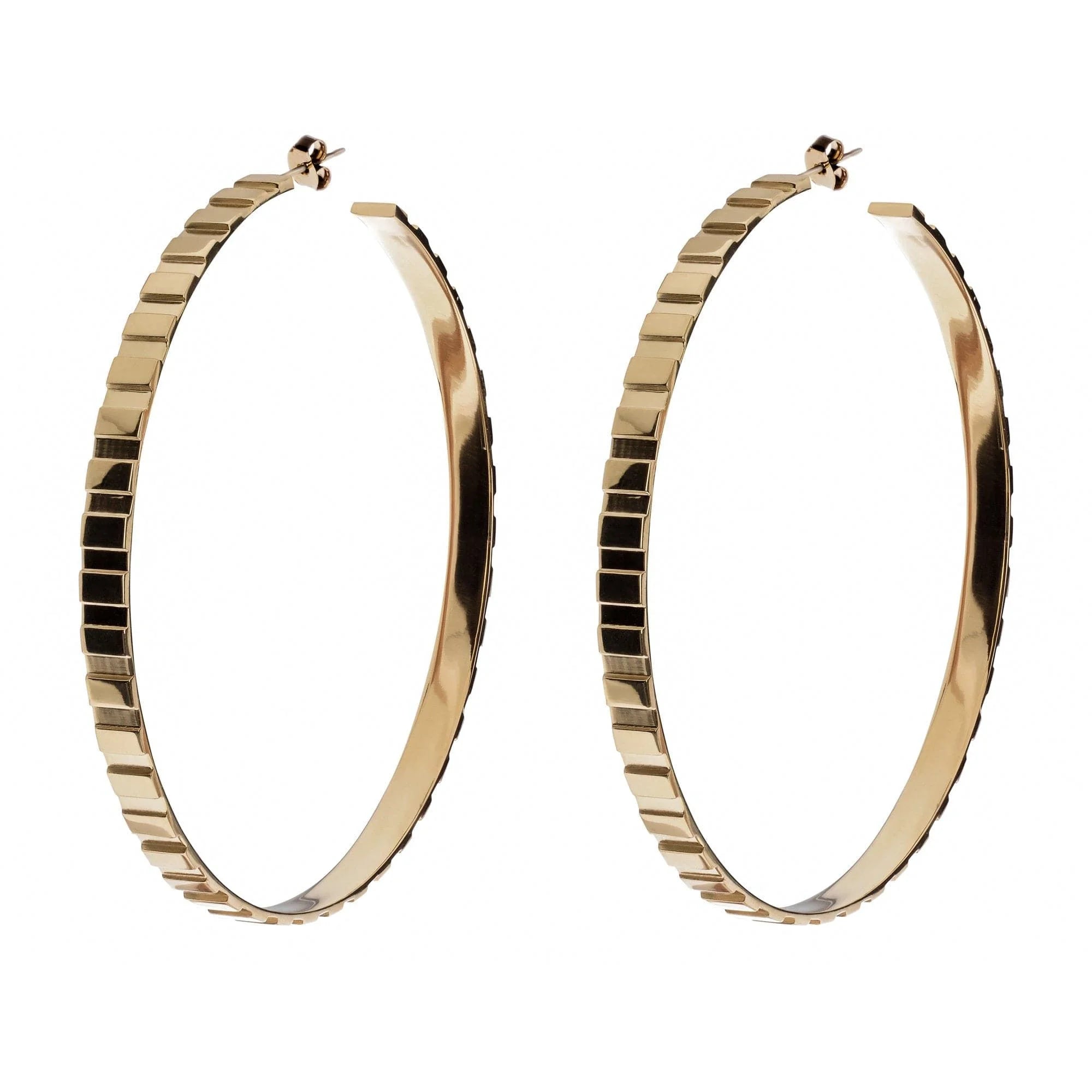 Gold hoop earrings with rectangle step pattern for a stylish look