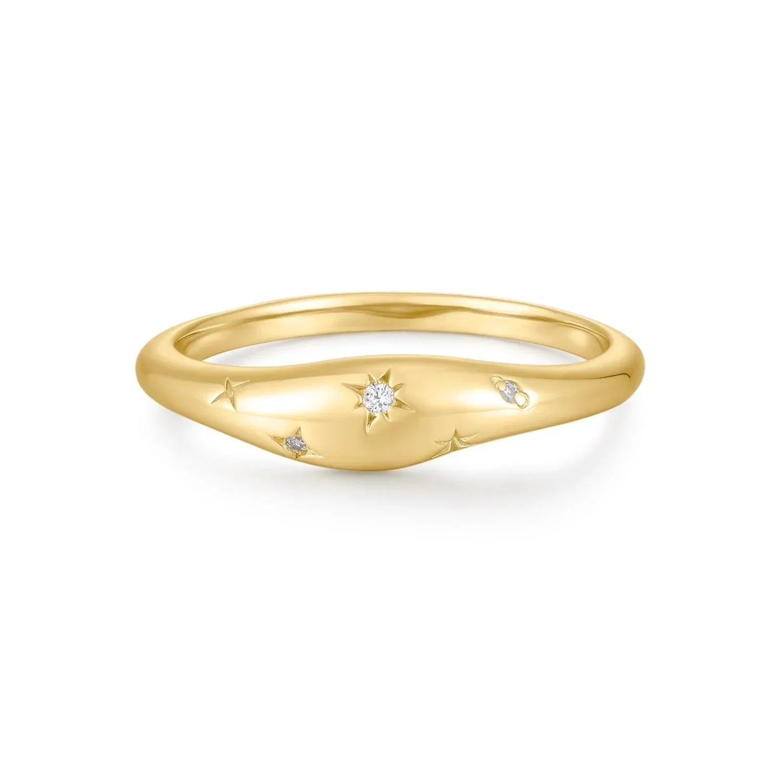 Gold signet ring with star accents from Galaxy CZ Thick Wavy Ring collection