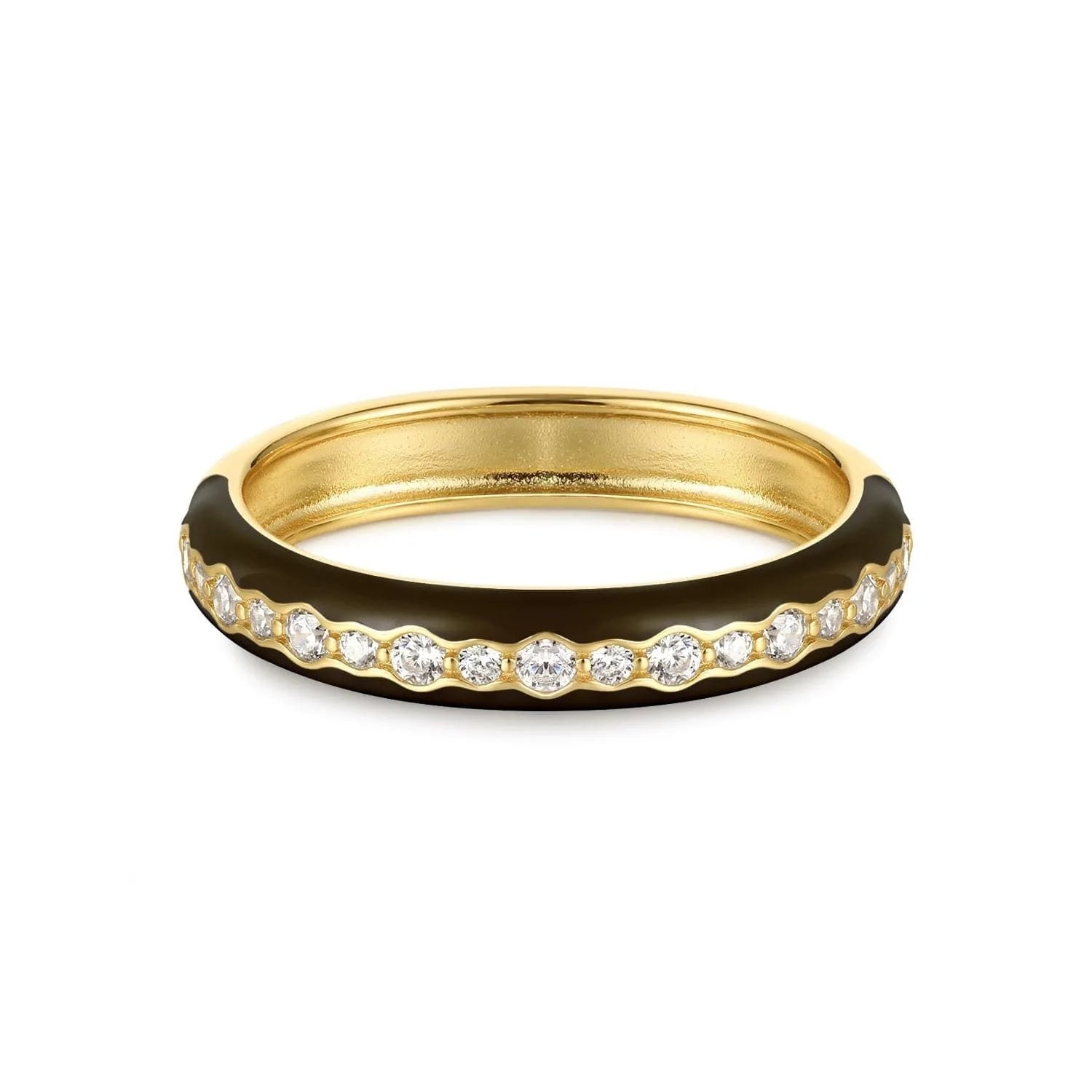 Gold ring with black enamel and sparkling CZ stones in the Thin Black Enamel & CZ Channel Ring