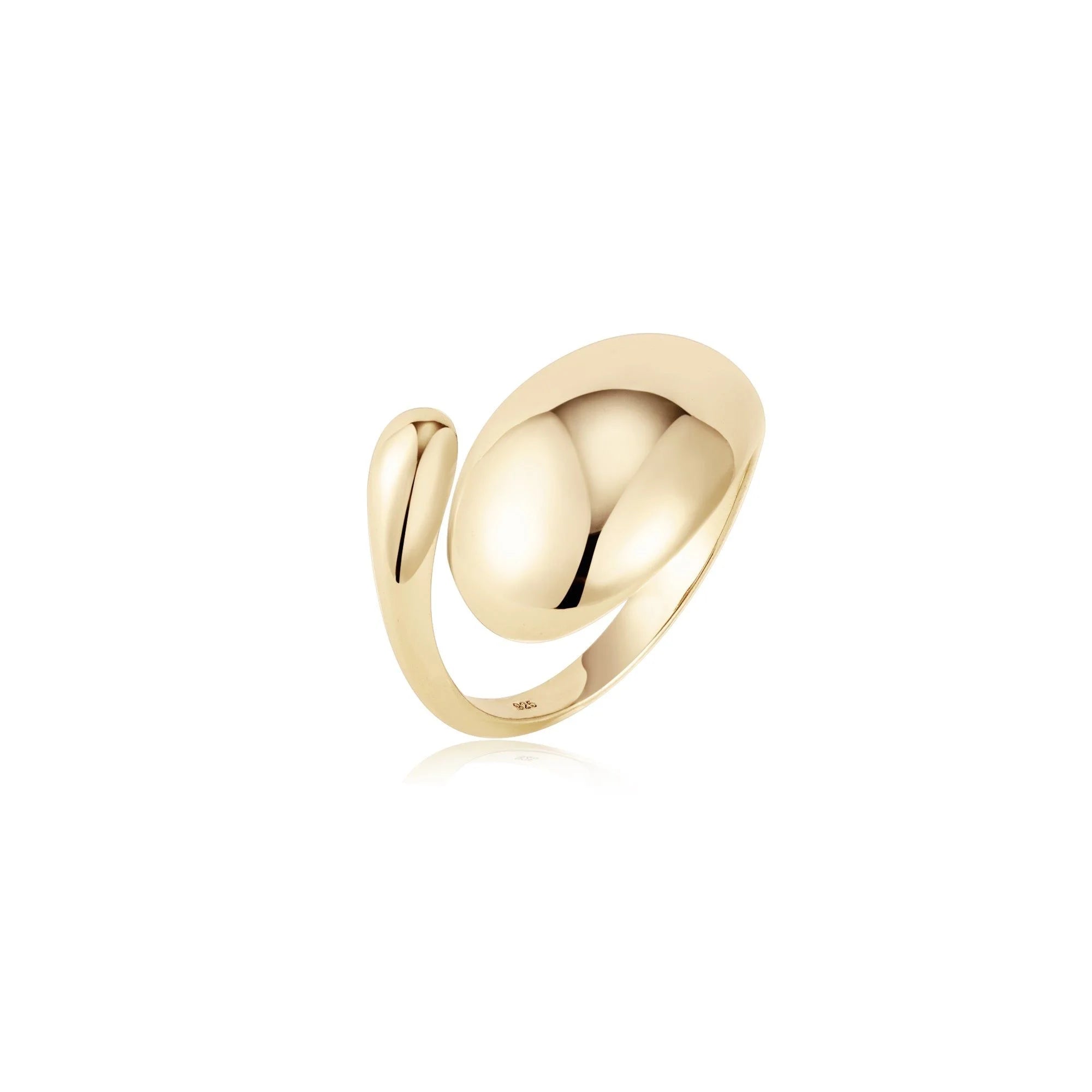 Polished gold Wren Ring with open cuff design featuring a large oval and teardrop shapes