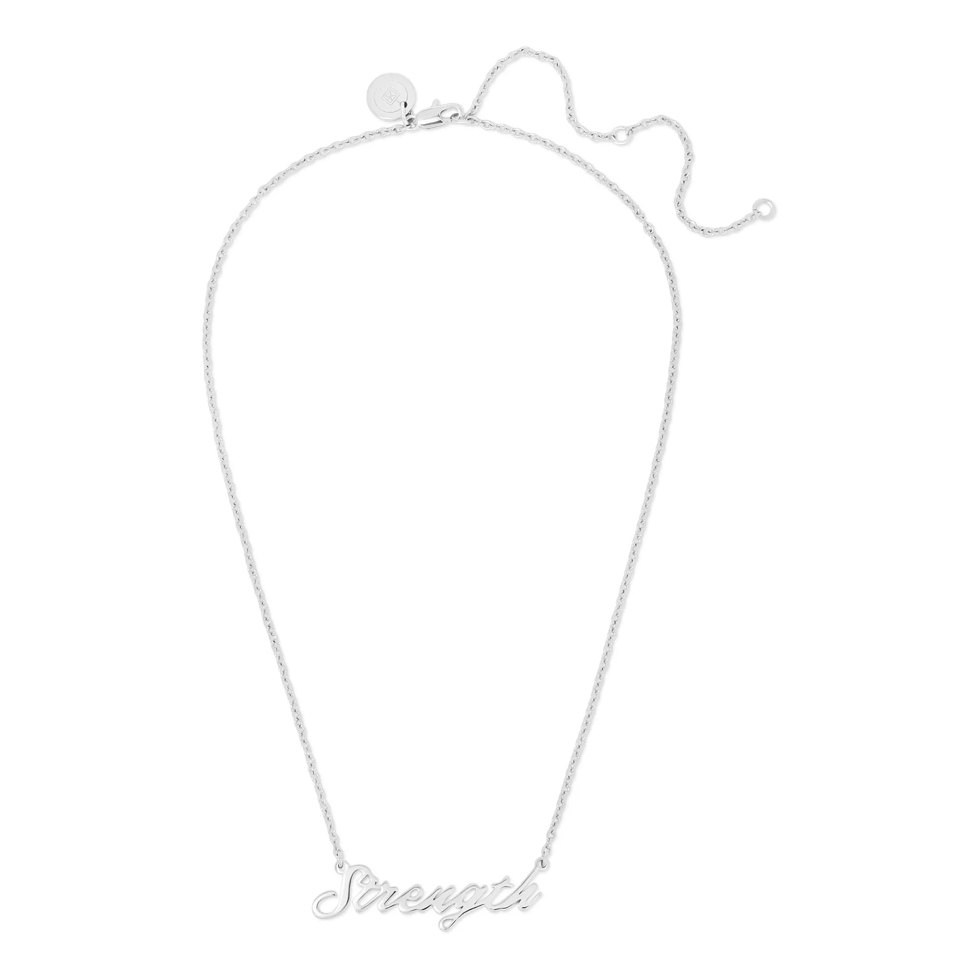 Silver Strength necklace with script design for everyday style and inspiration
