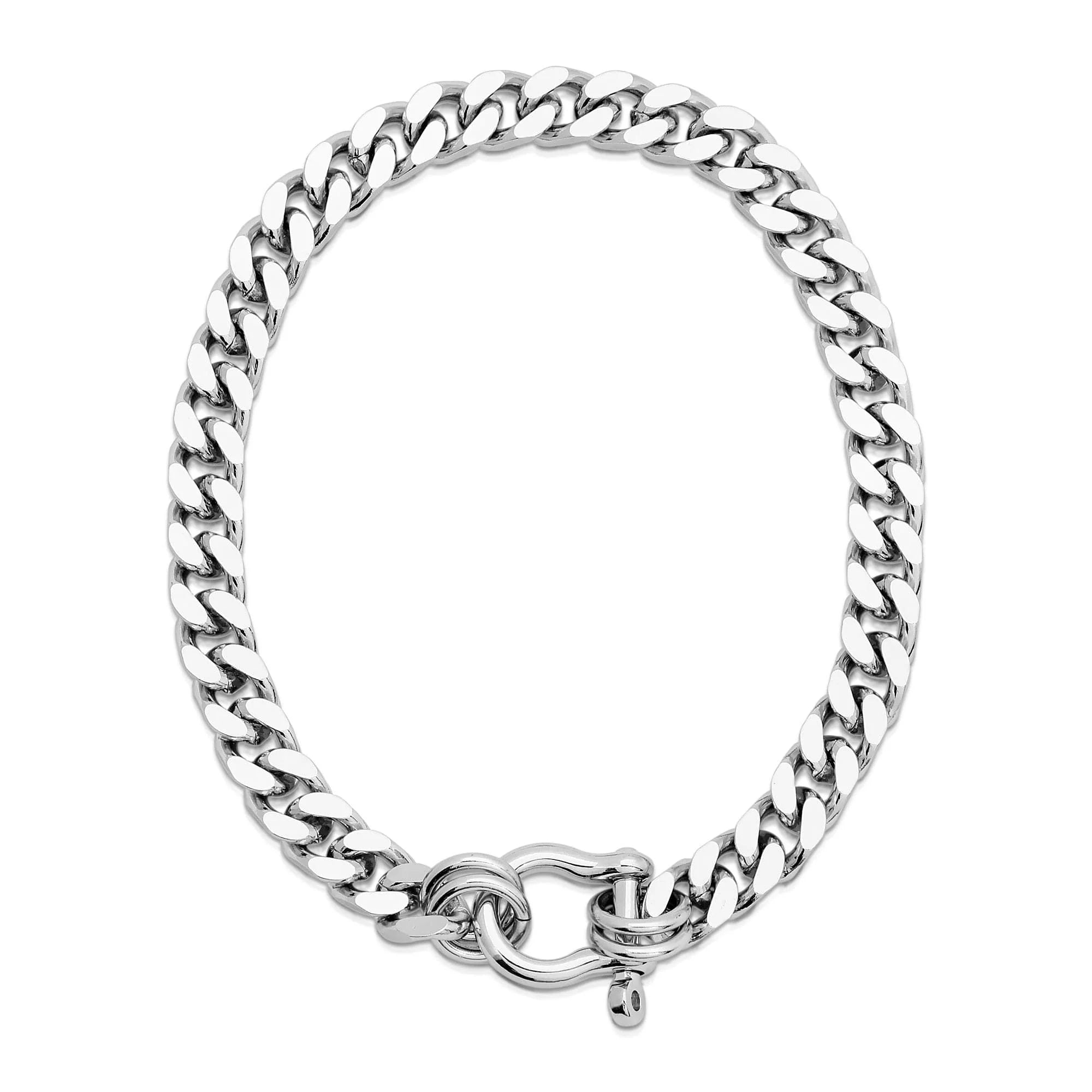 Silver curb chain bracelet with shackle clasp from Roxy Necklace displayed