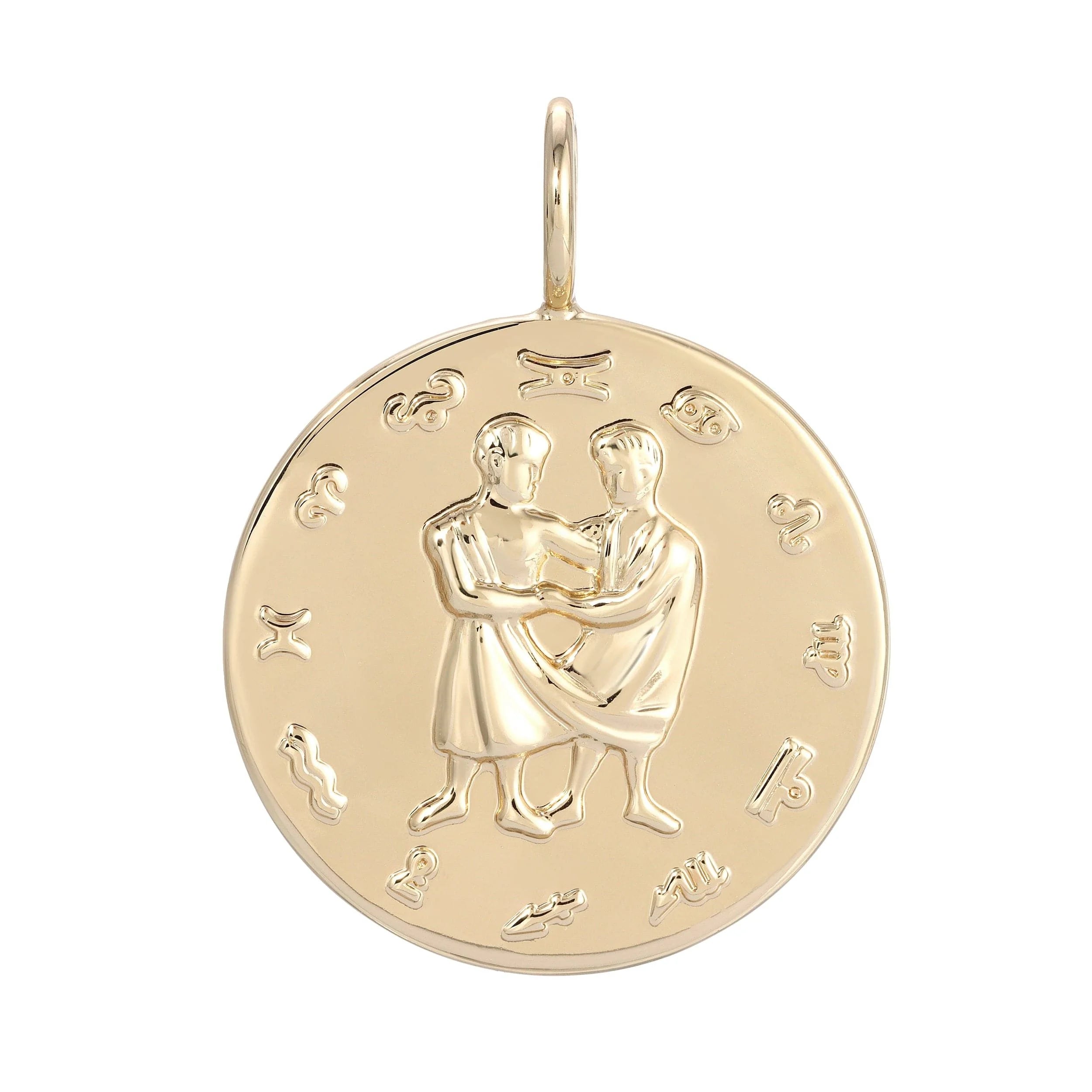 Gold Gemini zodiac pendant representing Geminis juggle social groups and astrology symbols