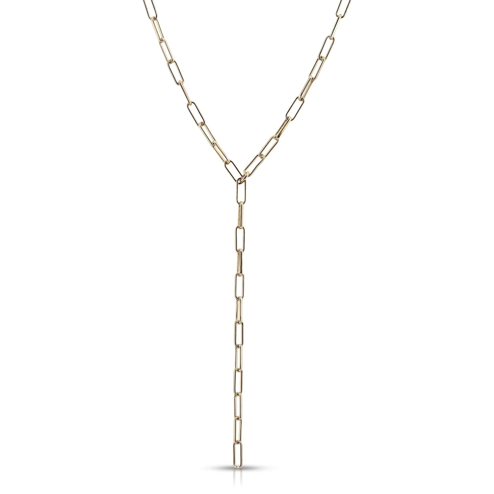 Gold-toned rectangular link Y-necklace featuring recycled brass plated chain links measure