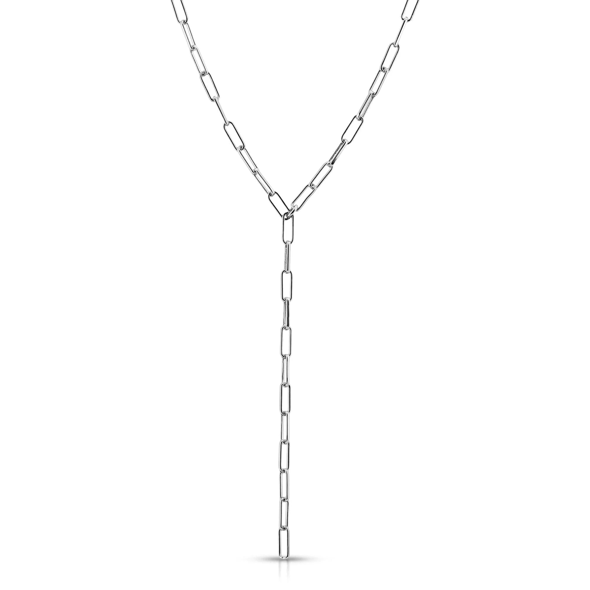 Silver rectangular link Y-necklace featuring elongated link lariat chain links measure recycled brass plated