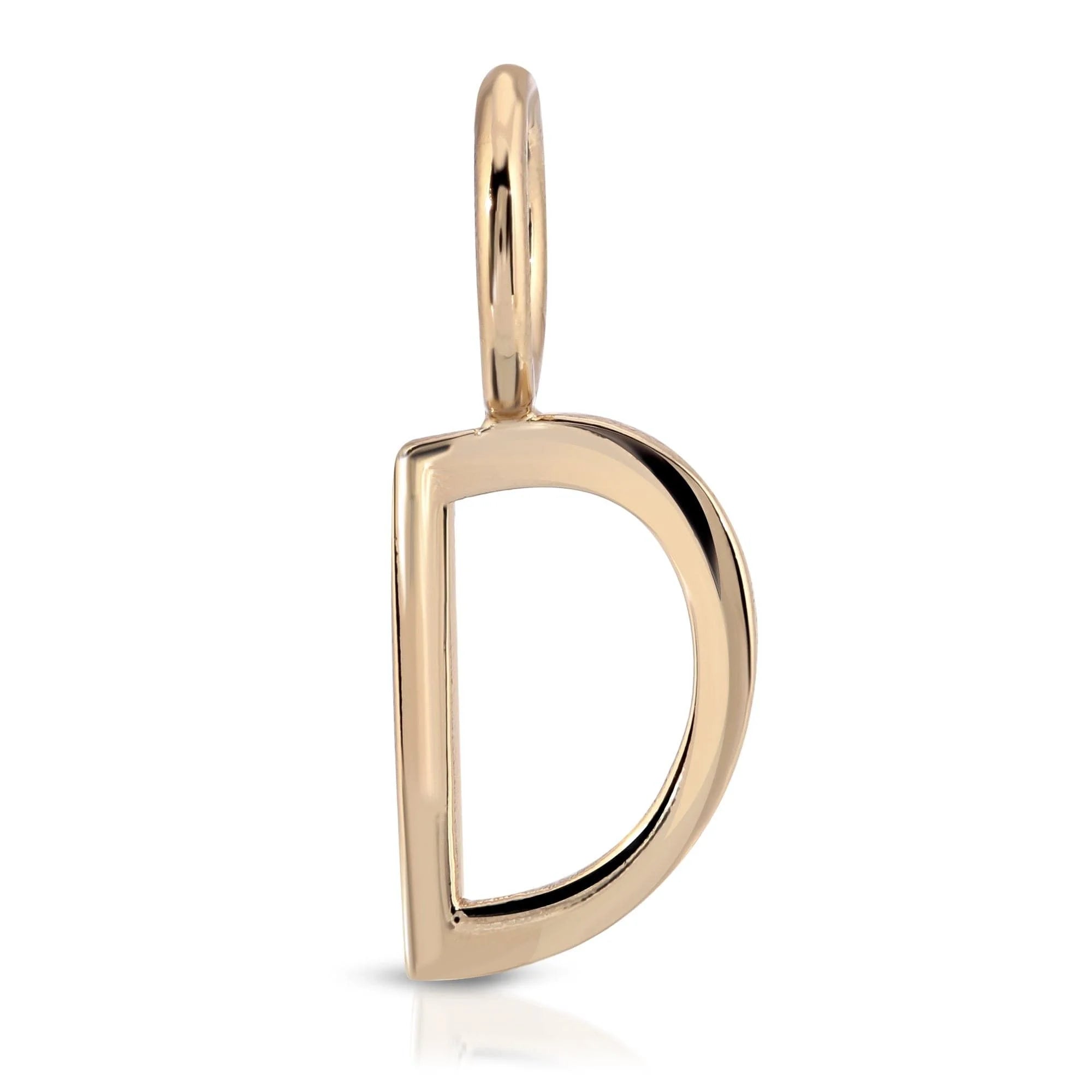 Gold letter D pendant from Essential Letters collection, recycled brass plated, measures 15mm