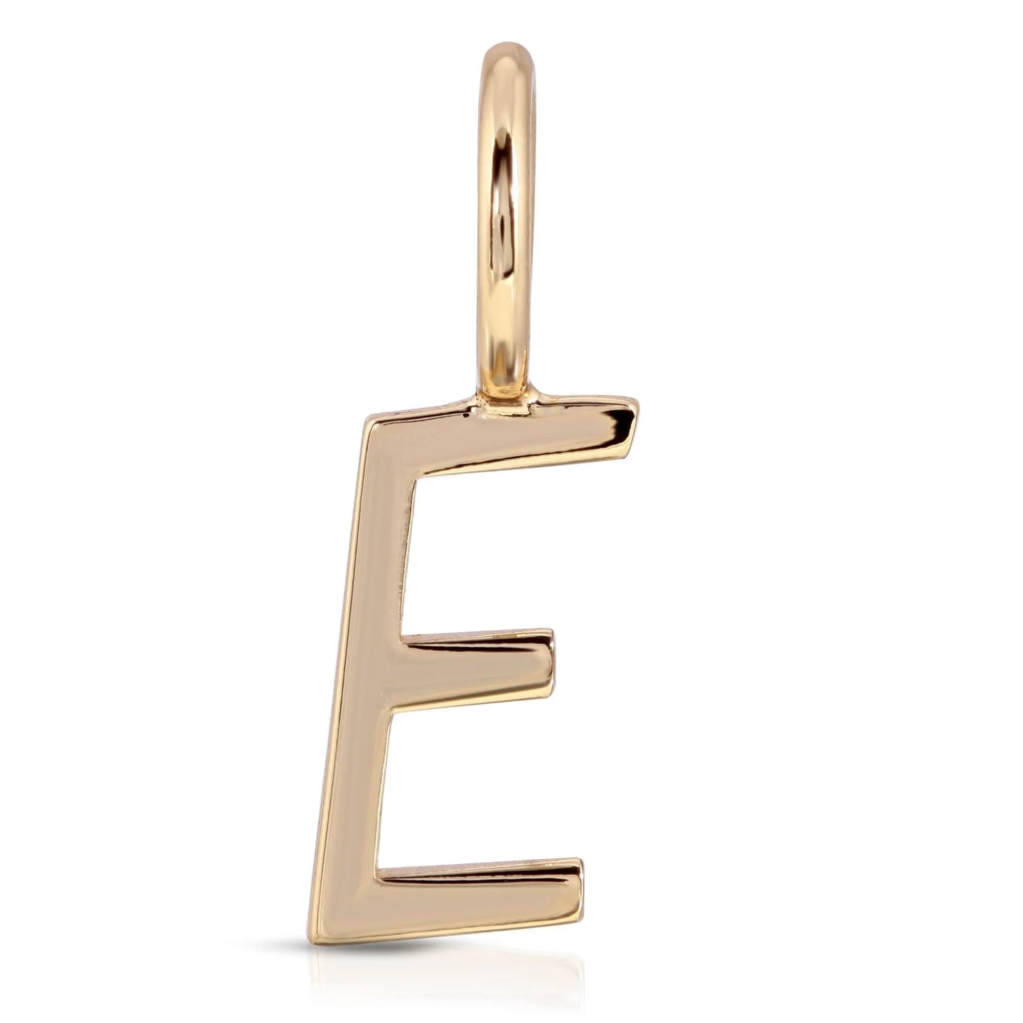 Gold letter E pendant from Essential Letters with recycled brass plated charms and 15mm letters