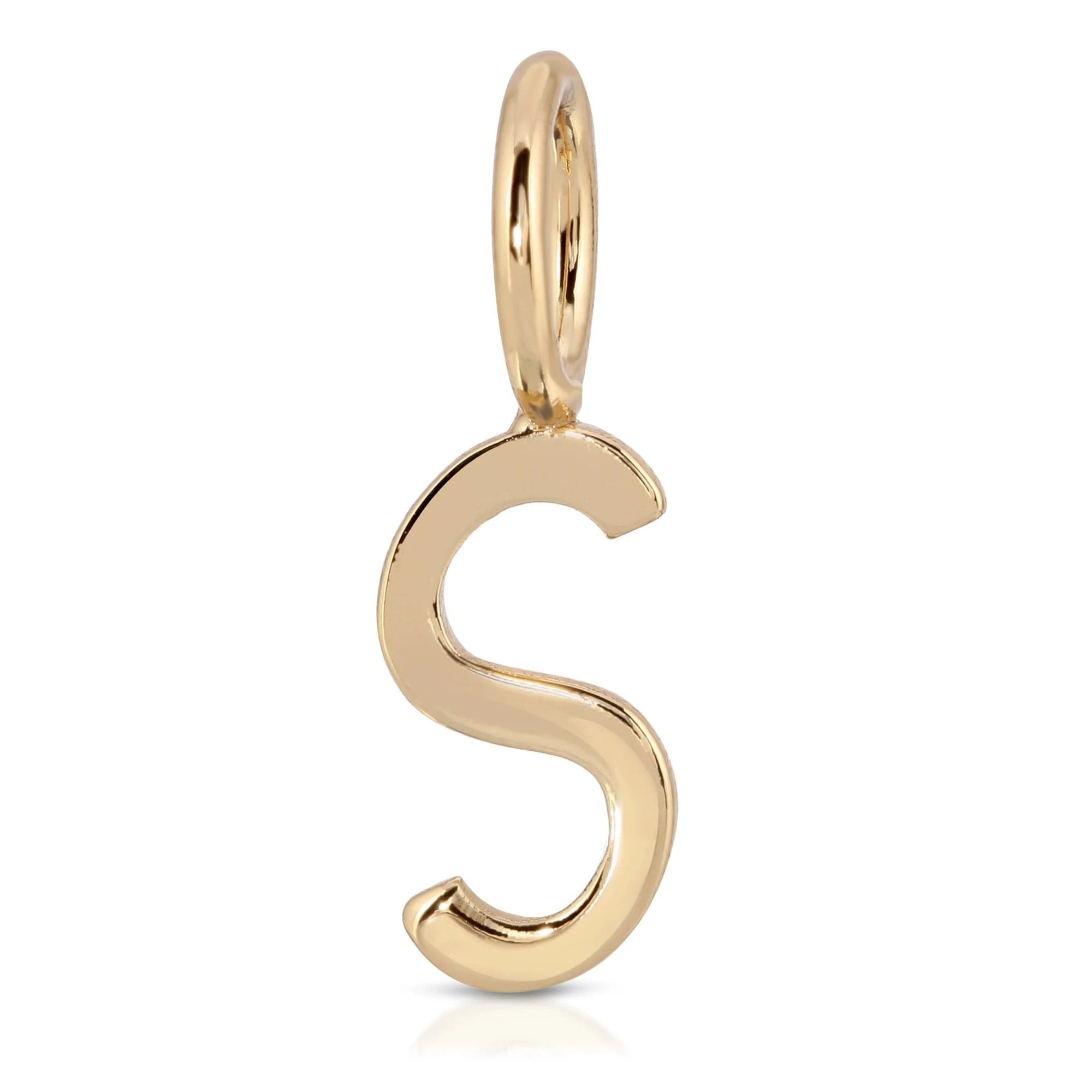 Gold letter S pendant from Essential Letters with recycled brass plated material measuring 15mm