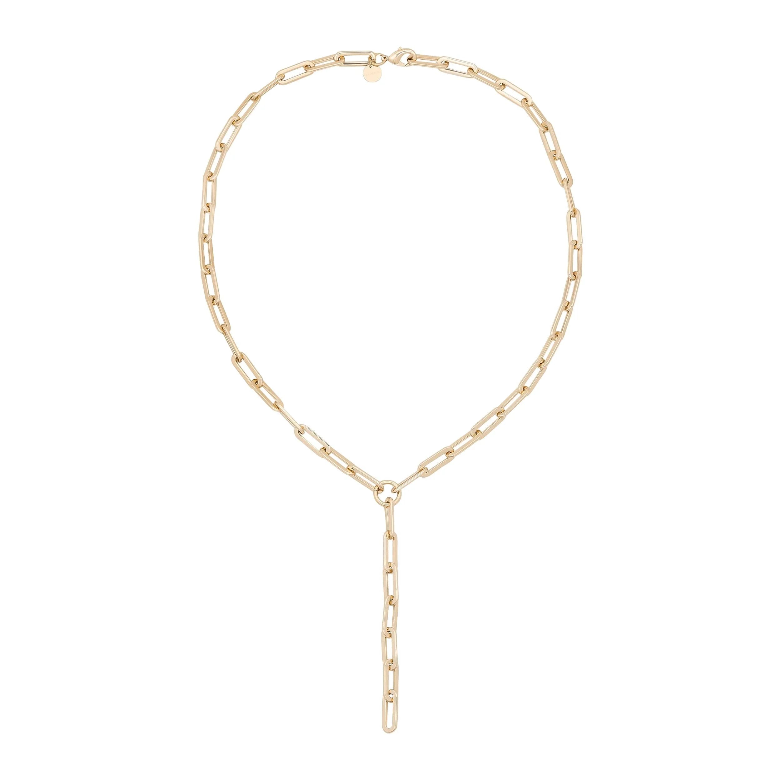 Gold-toned Gisele XL Paper Clip Chain Lariat with large brass paperclip links