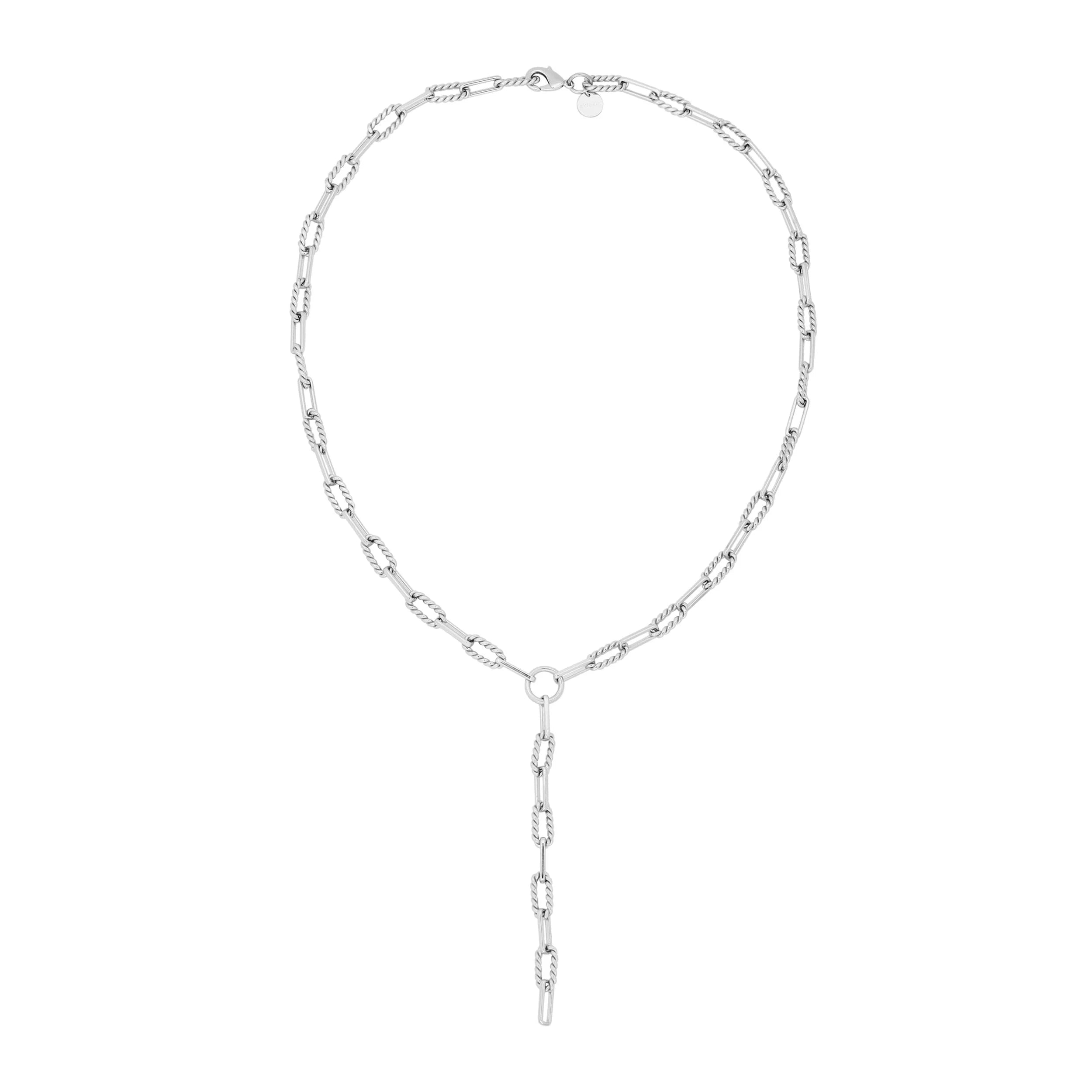Silver chain link Y-necklace featuring Gisele XL Paper Clip Chain Lariat with large brass paperclips