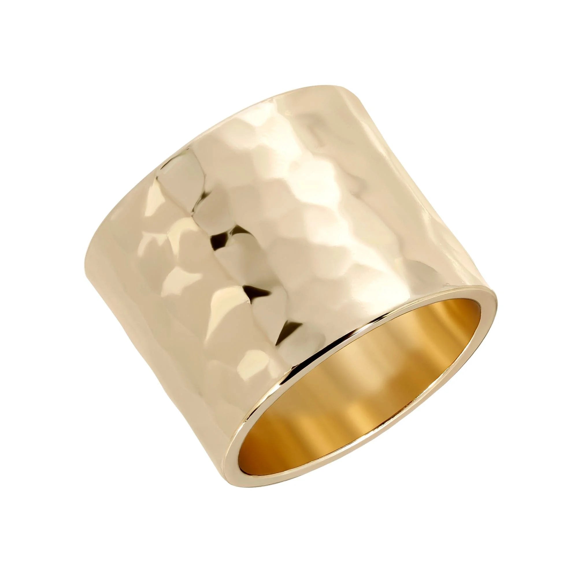 Hammered wide ring showing textured gold design, perfect for a hammered wide ring style