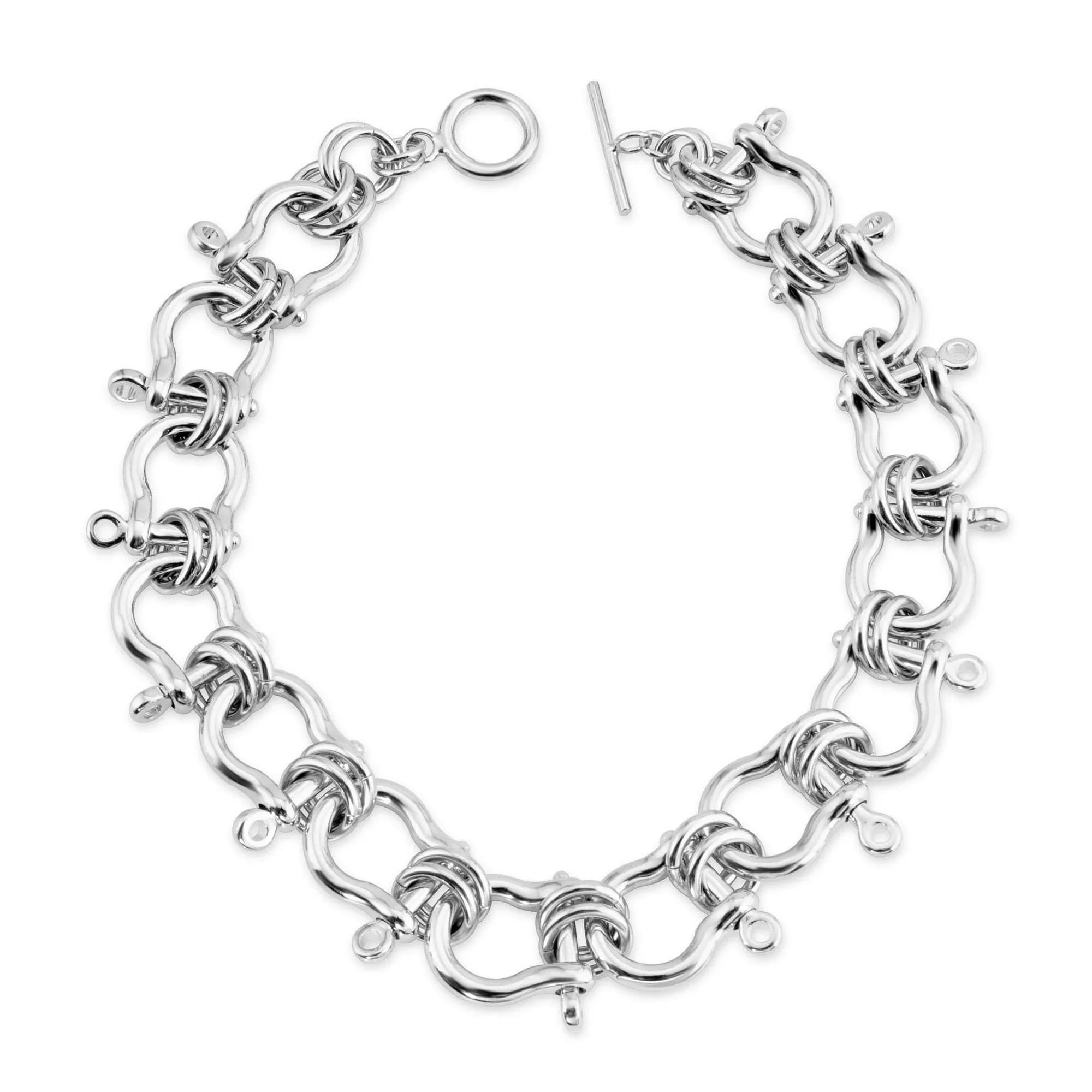 Silver-toned shackle link bracelet from Harrison Necklace on display