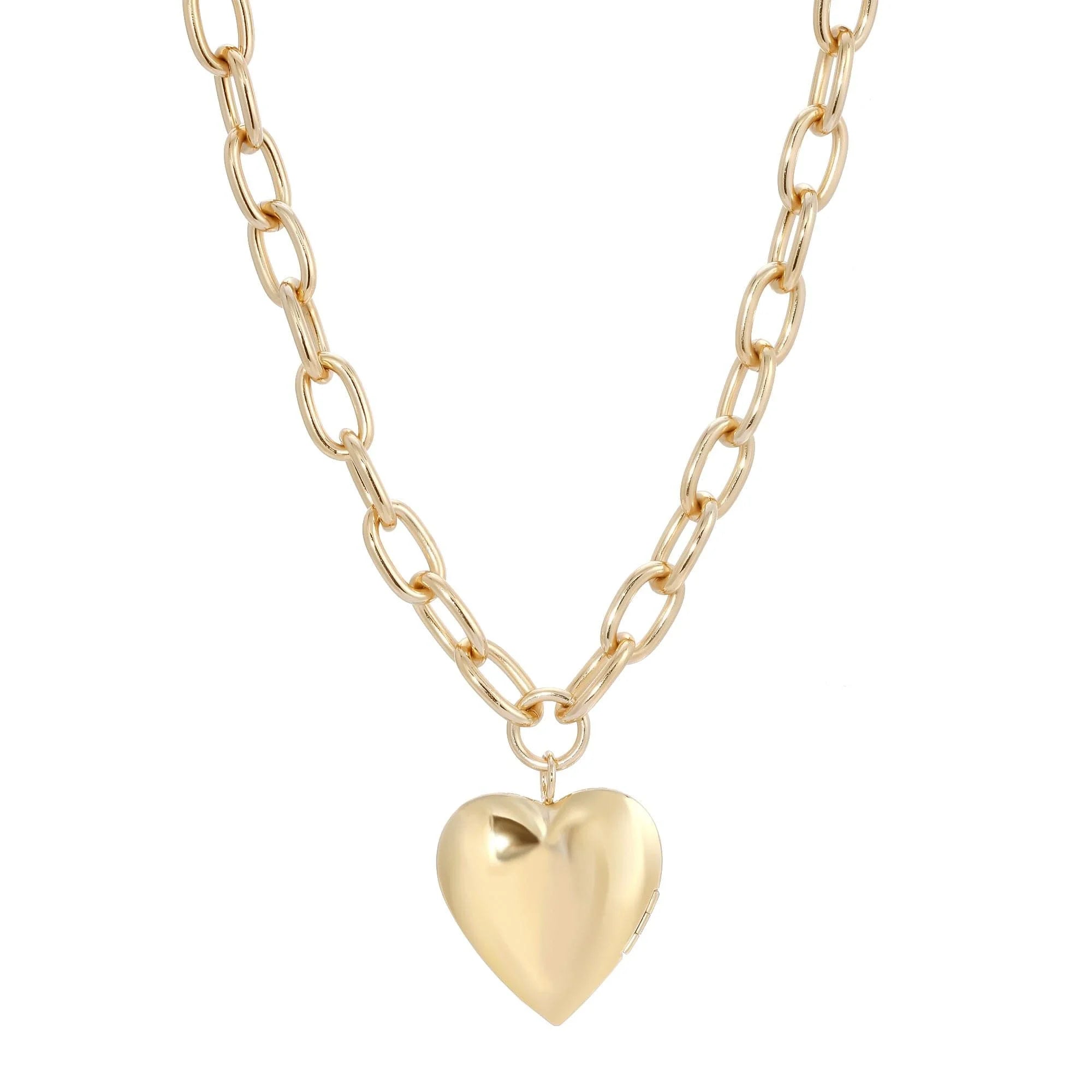 Holden Necklace with heart locket opens and rounded link chain in recycled brass plating
