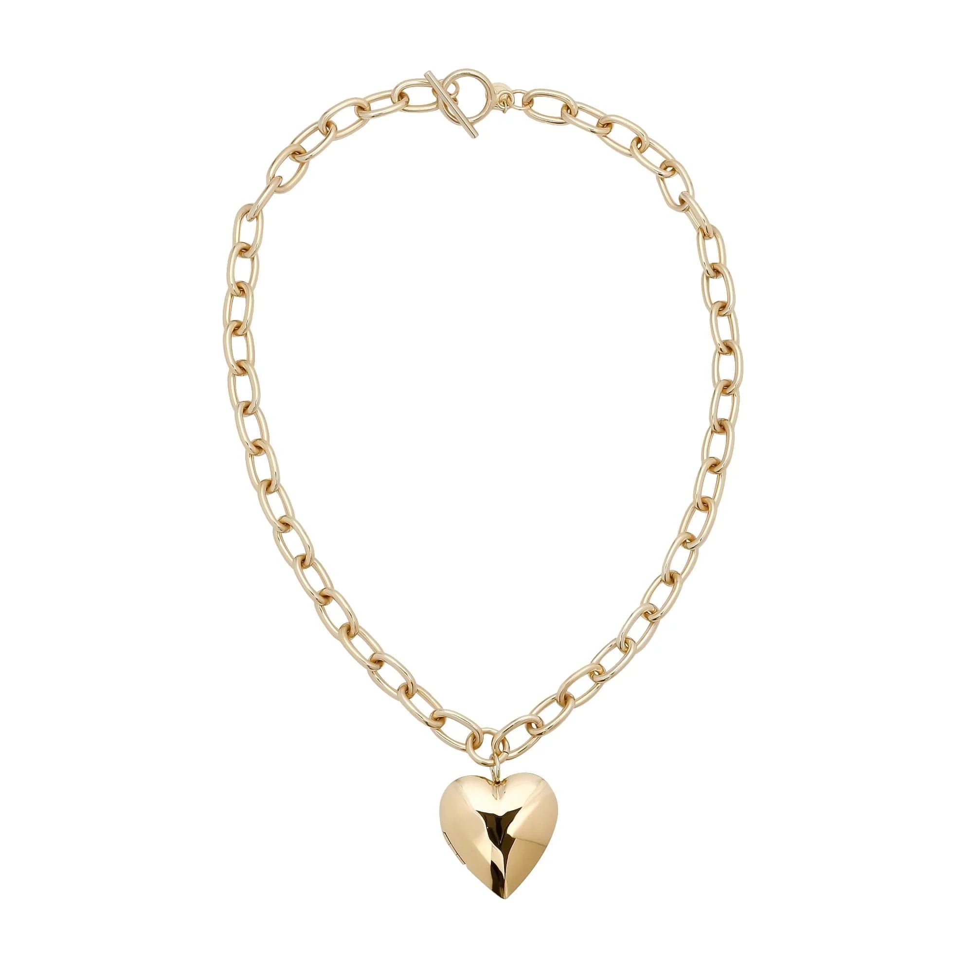 Holden Necklace featuring a gold heart locket opens on a rounded link chain with recycled brass plating