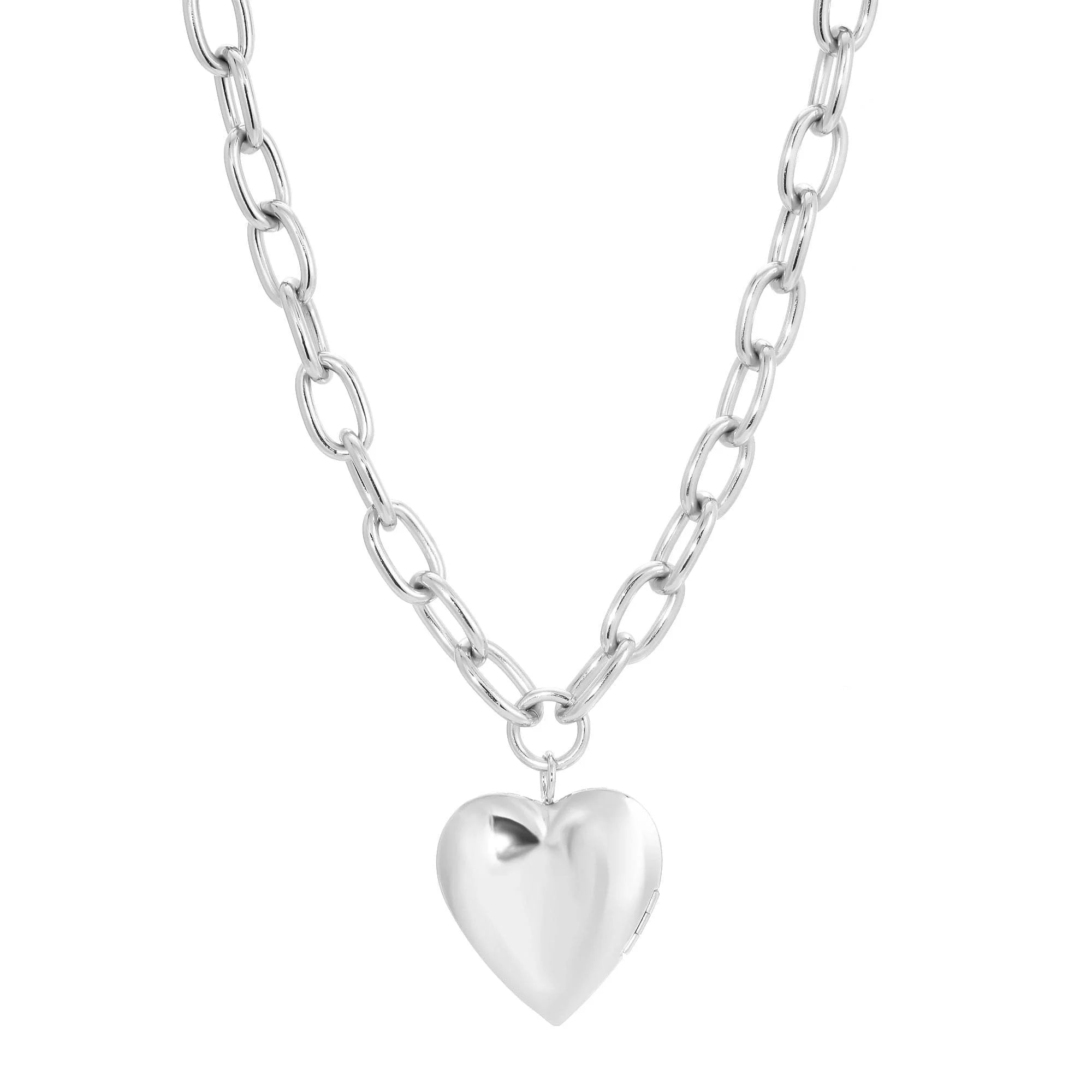 Silver Holden Necklace with heart locket opens and rounded link chain in recycled brass plating