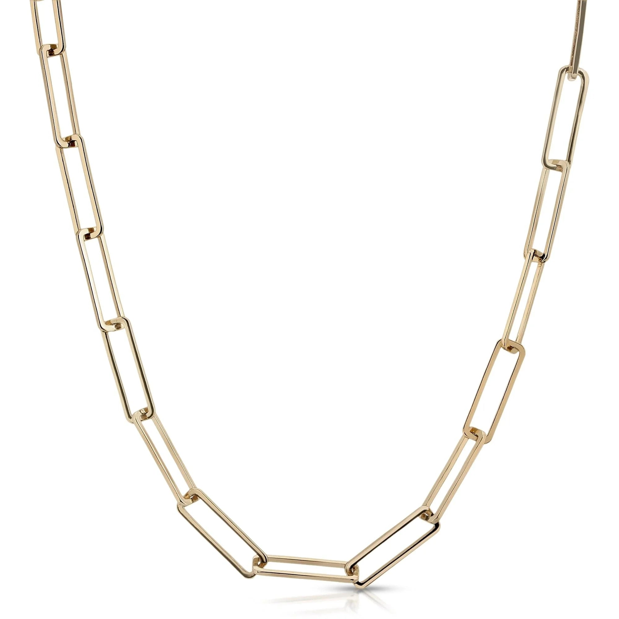 Gold rectangular link chain made of recycled brass with protective coating for durability