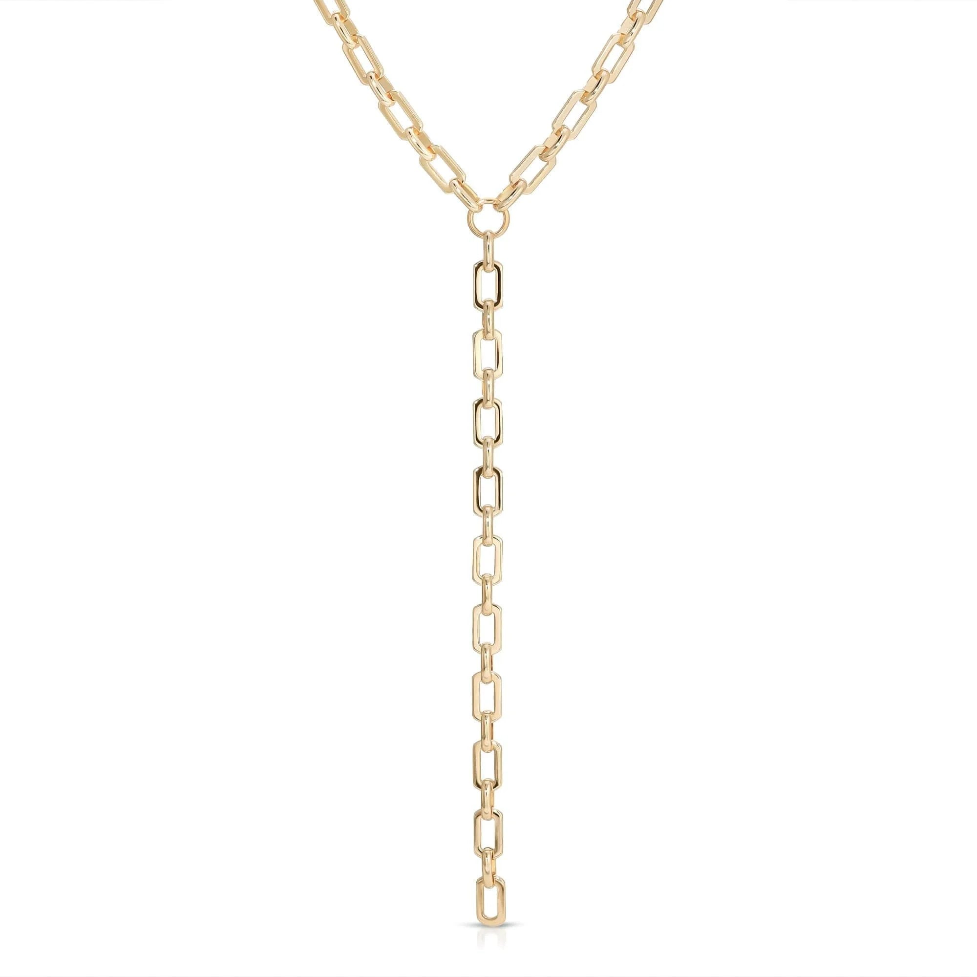 Gold-toned chain link necklace with recycled brass finishes and 14k gold plating for elegant style