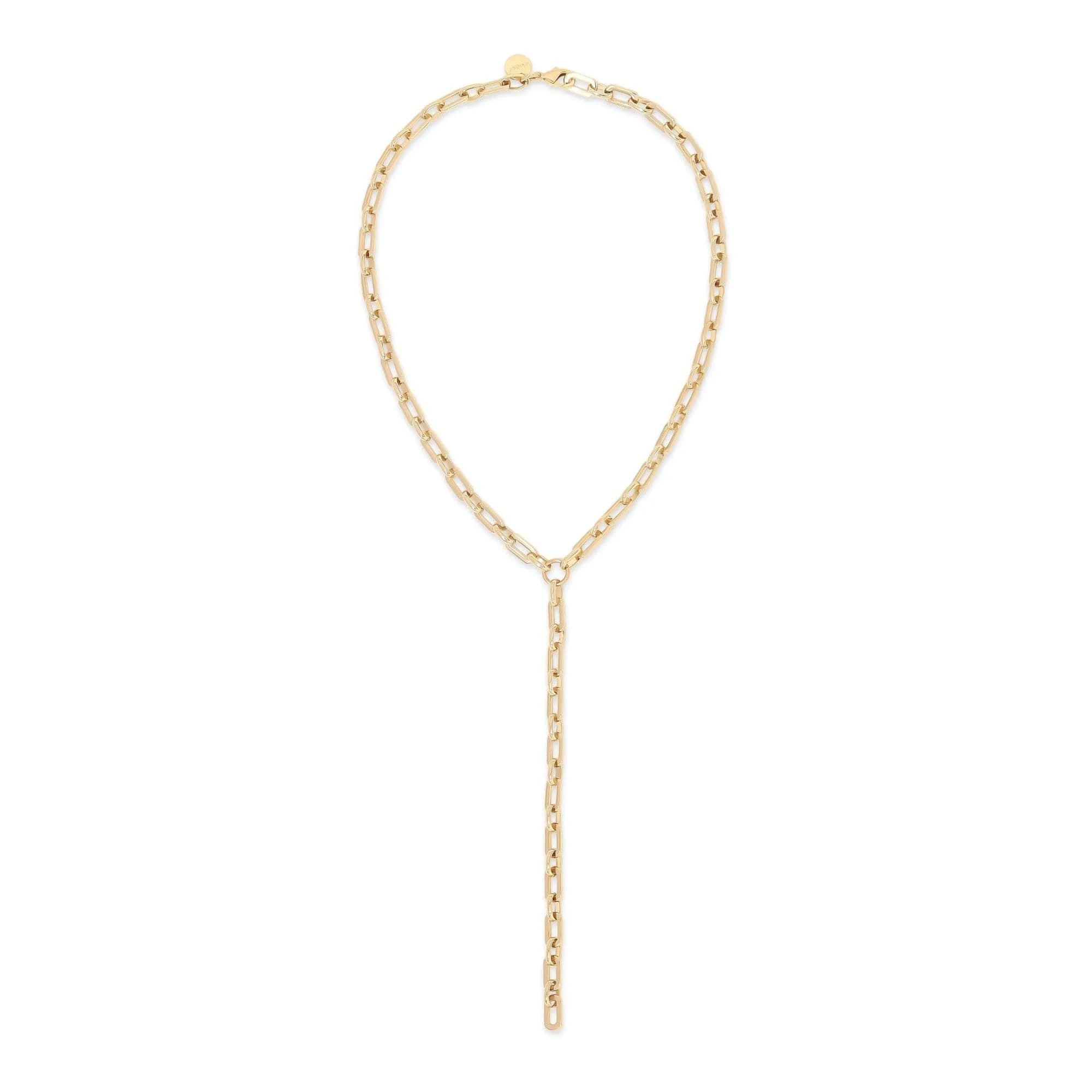 Gold-toned chain Y-necklace with recycled brass finishes and 14k gold plating