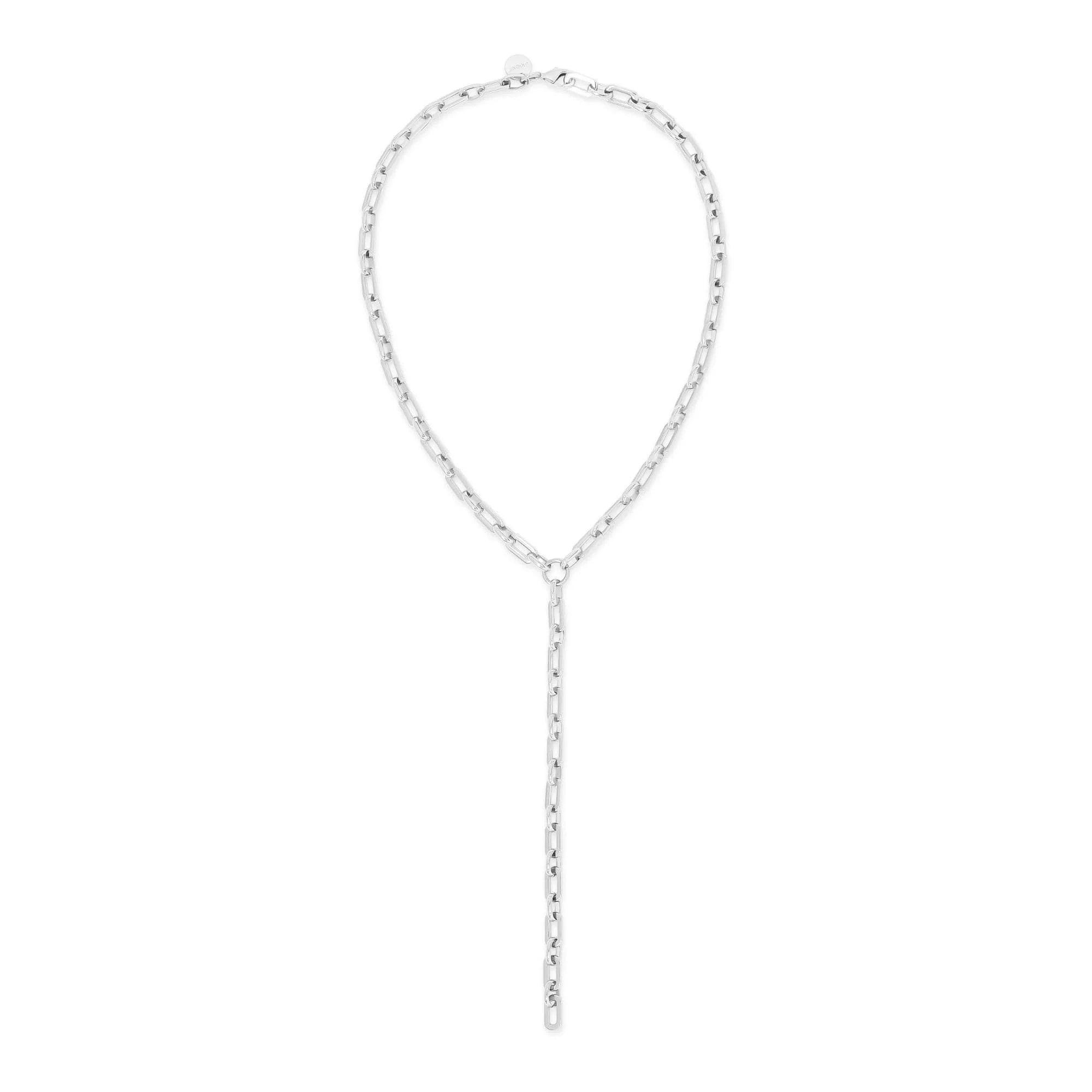Silver chain necklace with drop in Liv Lariat featuring recycled brass finishes and 14k gold plating