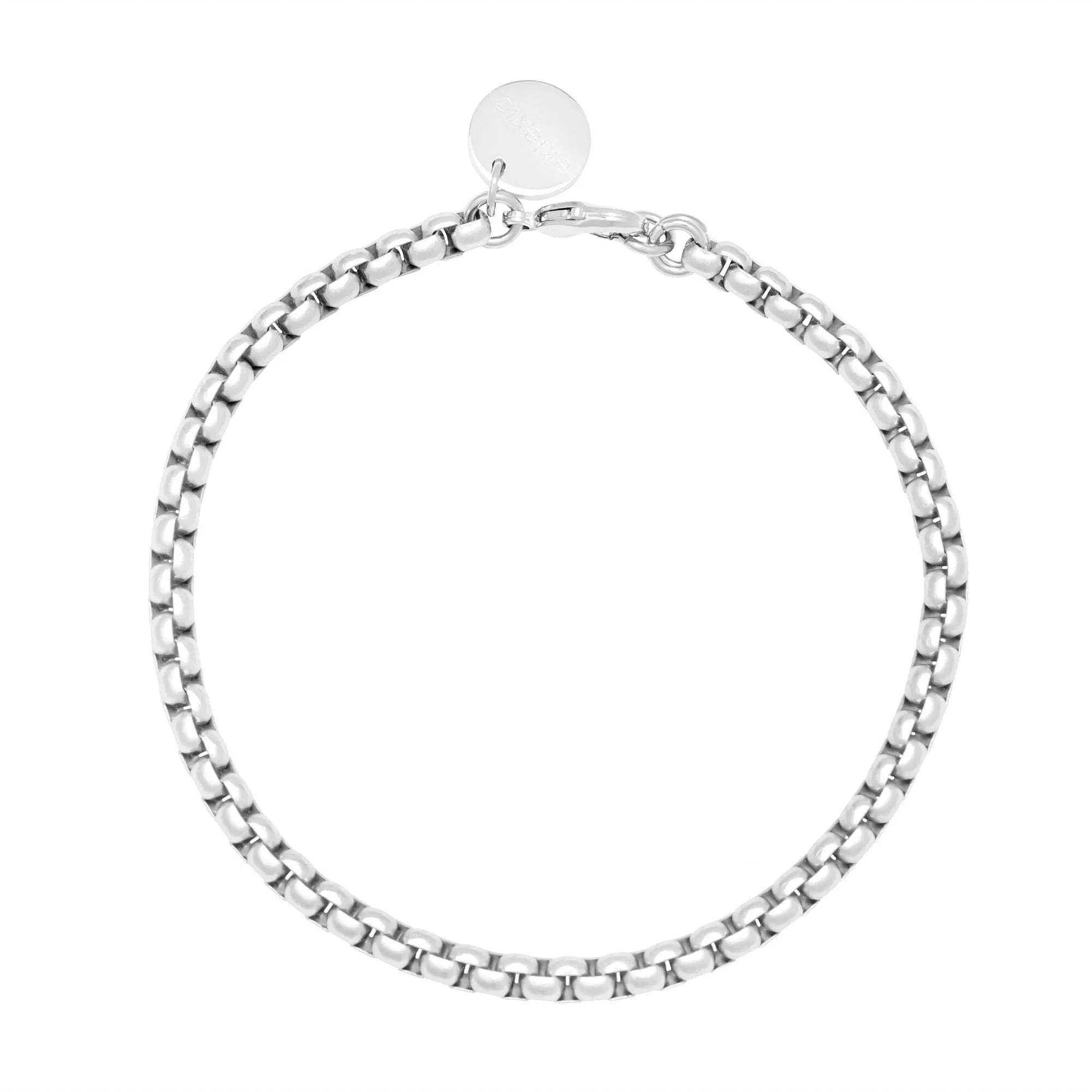 Silver Luciana Box Chain Bracelet with round charm and lobster clasp featuring baby Axel design
