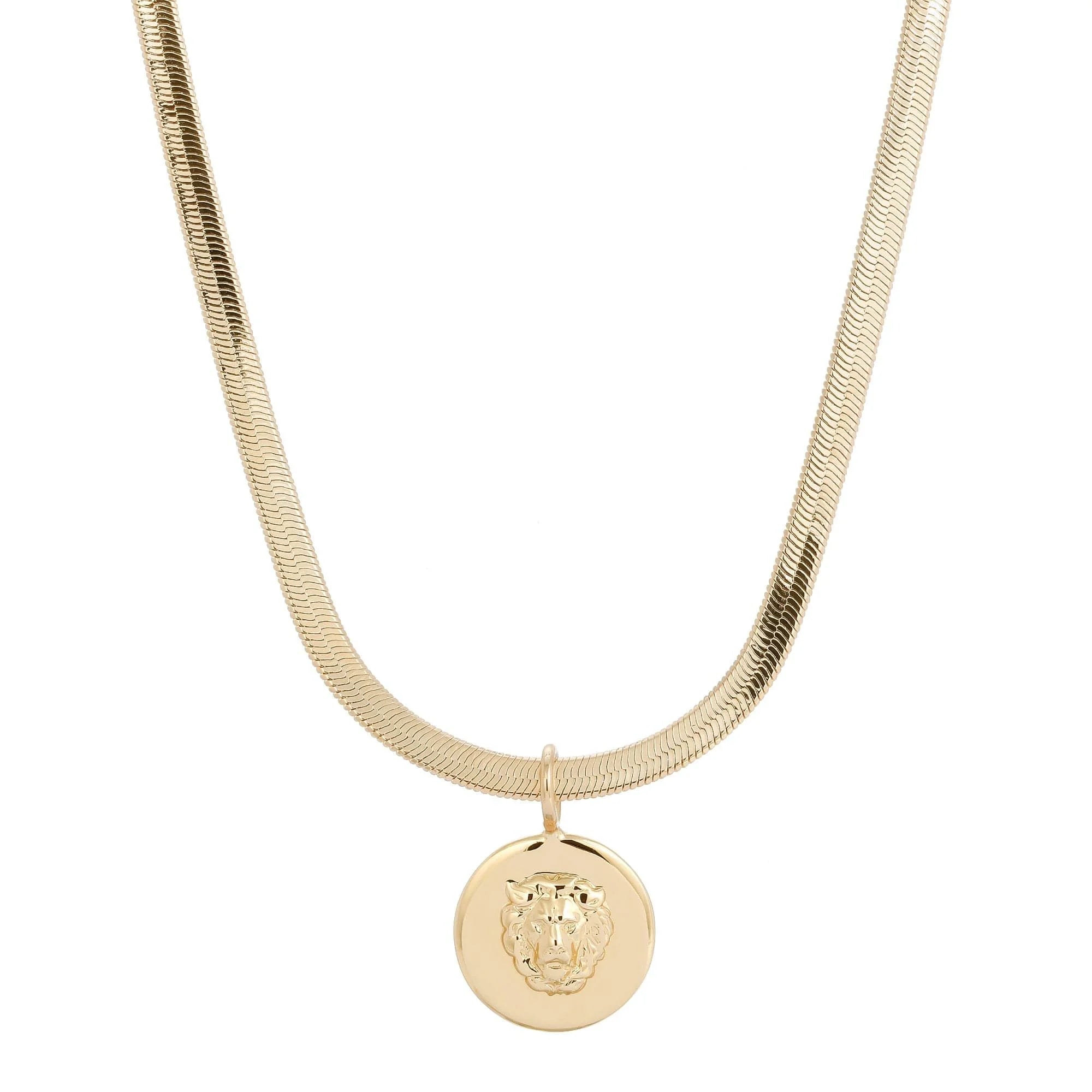Gold herringbone chain necklace with lion pendant on Melissa Pendant Necklace featuring 5mm Viper Chain