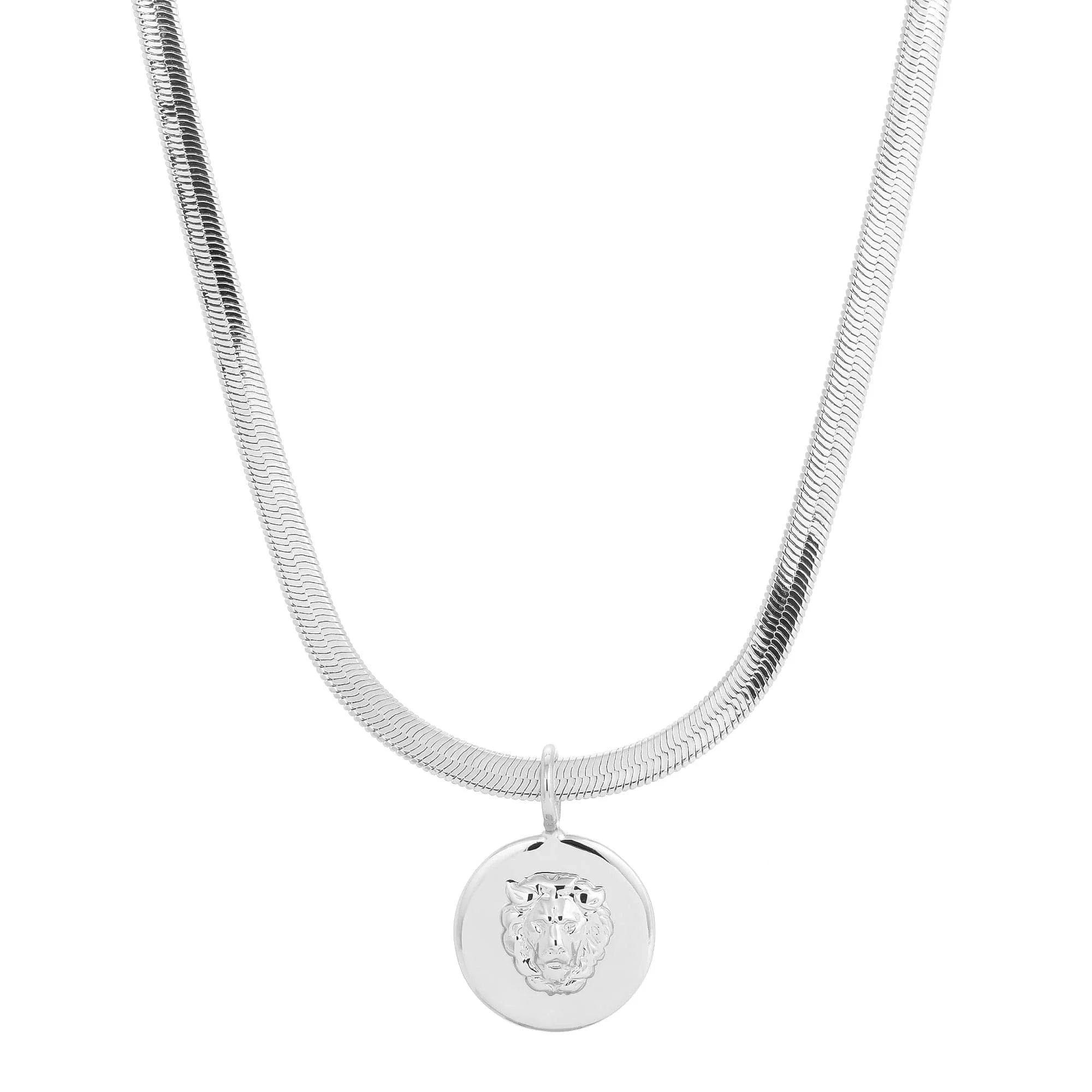 Silver herringbone chain necklace with lion pendant for the Melissa Pendant Necklace featuring a 5mm viper chain