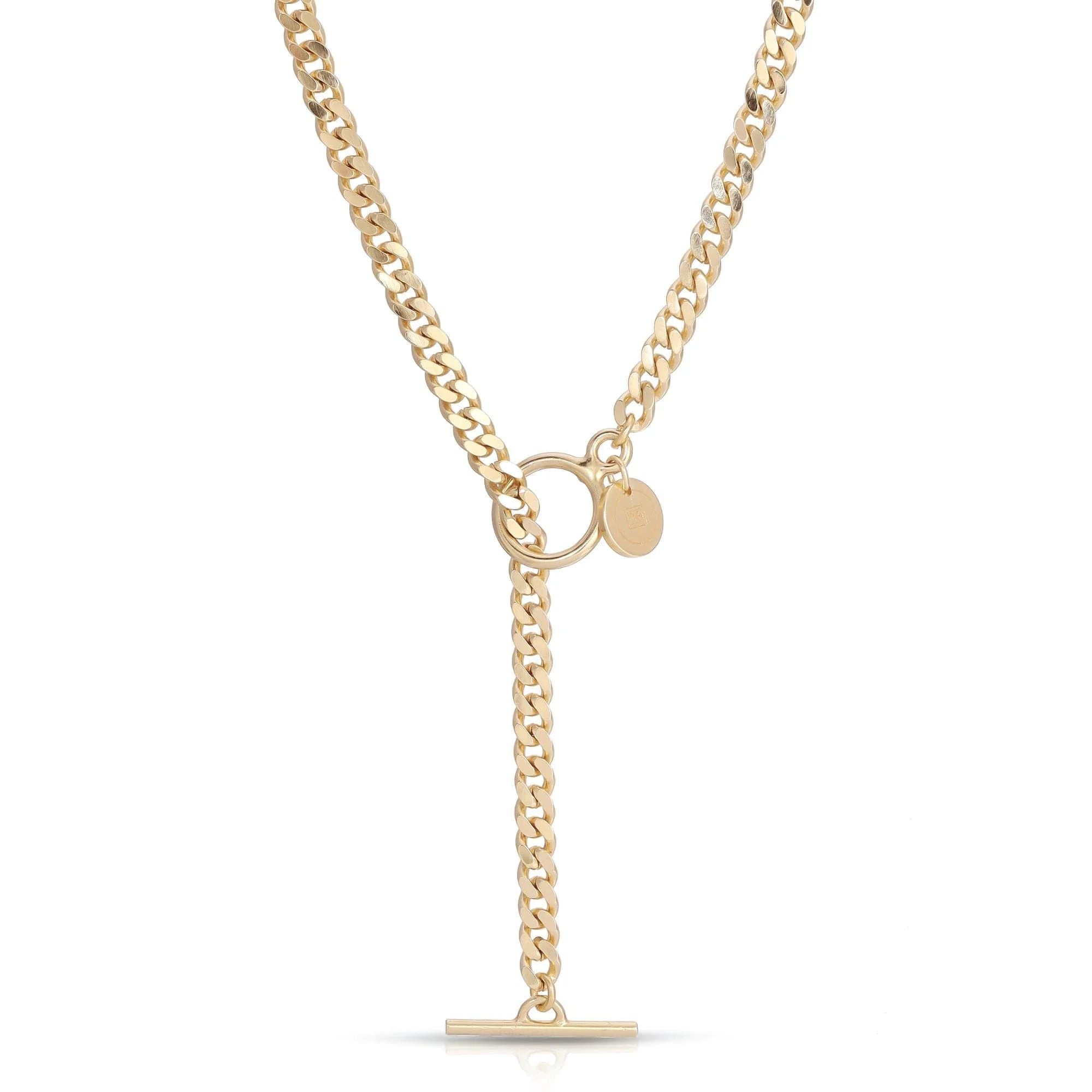 Gold-toned micro curb chain necklace with circular pendant and rhodium plating