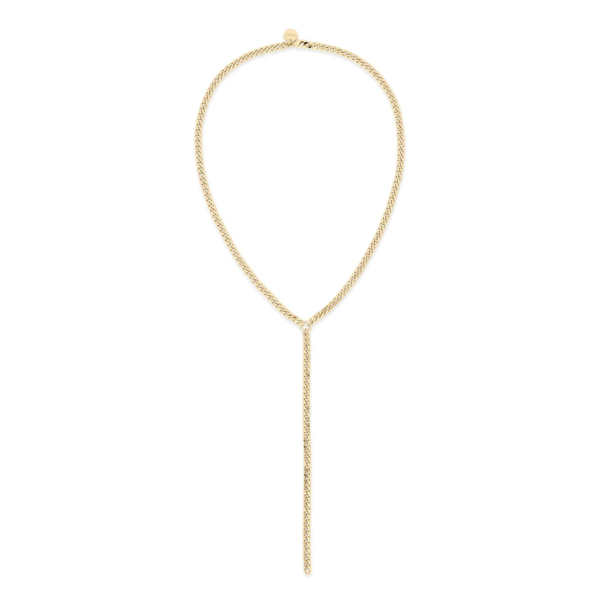 Gold-toned Y-shaped Chain Necklace displayed on Micro Link Curb Chain Lariat