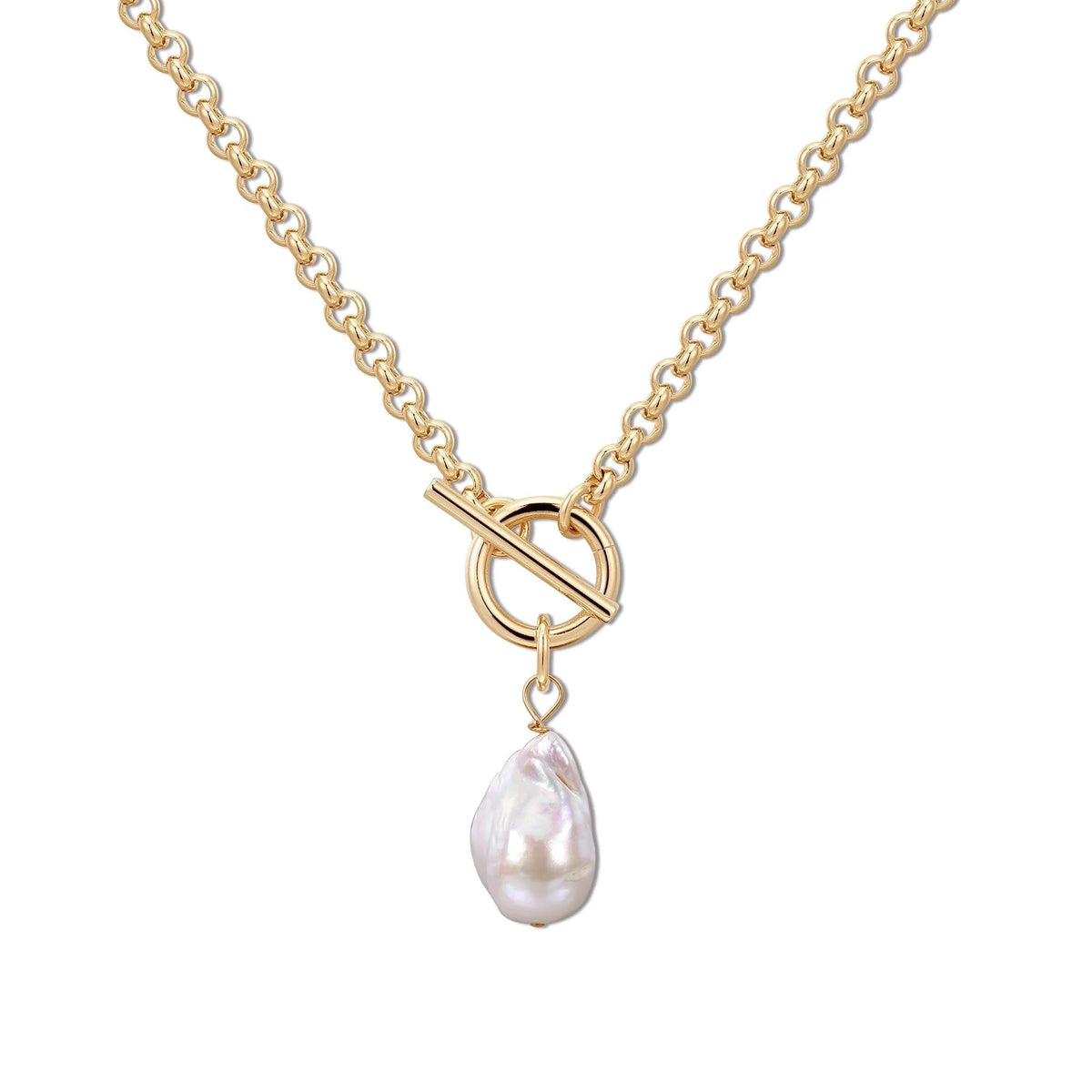 Gold chain necklace with baroque pearl pendant from Micro Royal Toggle & XL Baroque Pearl Pendant Necklace
