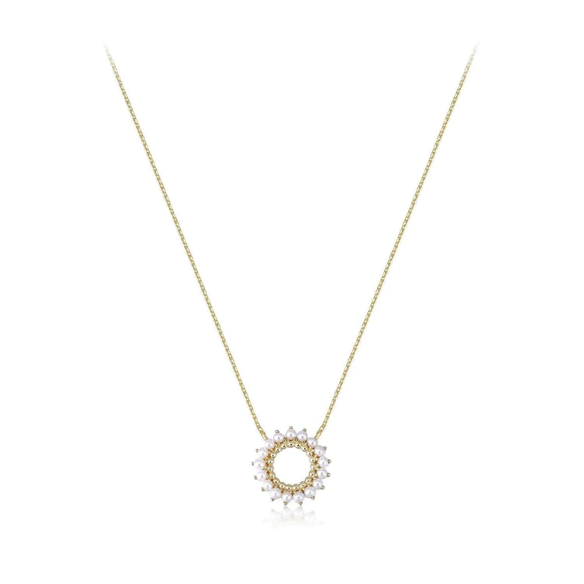Gold chain necklace with open center circular pearl pendant for stylish look