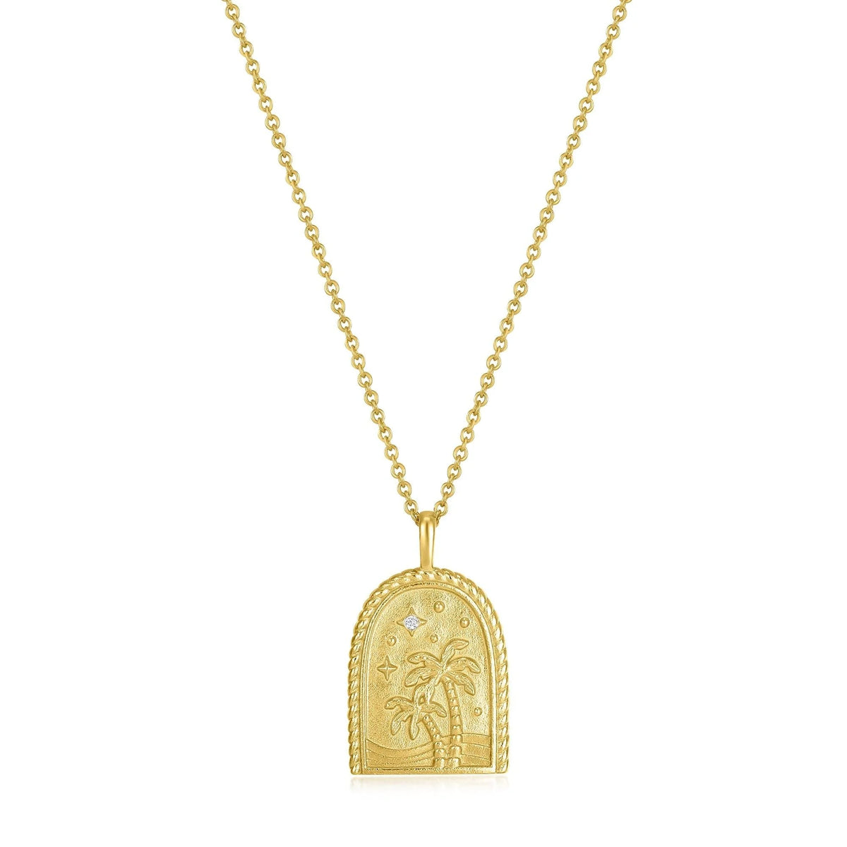 Gold Palm Tree Pendant Necklace with arched pendant featuring stars and palm trees