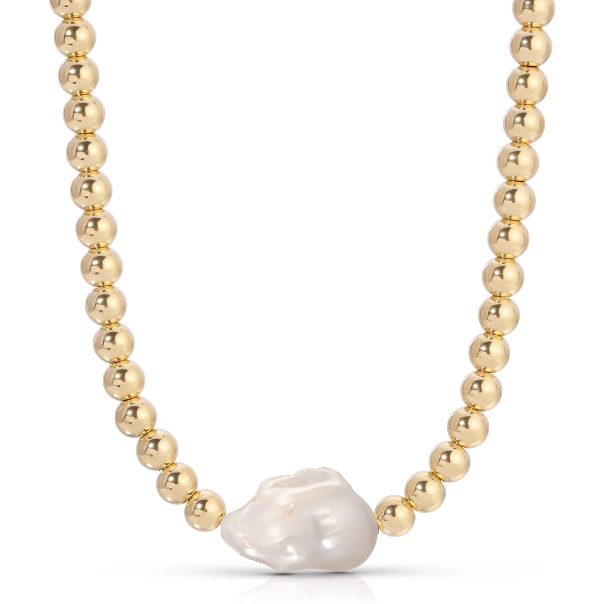 Gold bead necklace with baroque pearl from Poppy Horizontal Pearl & Bead Necklace