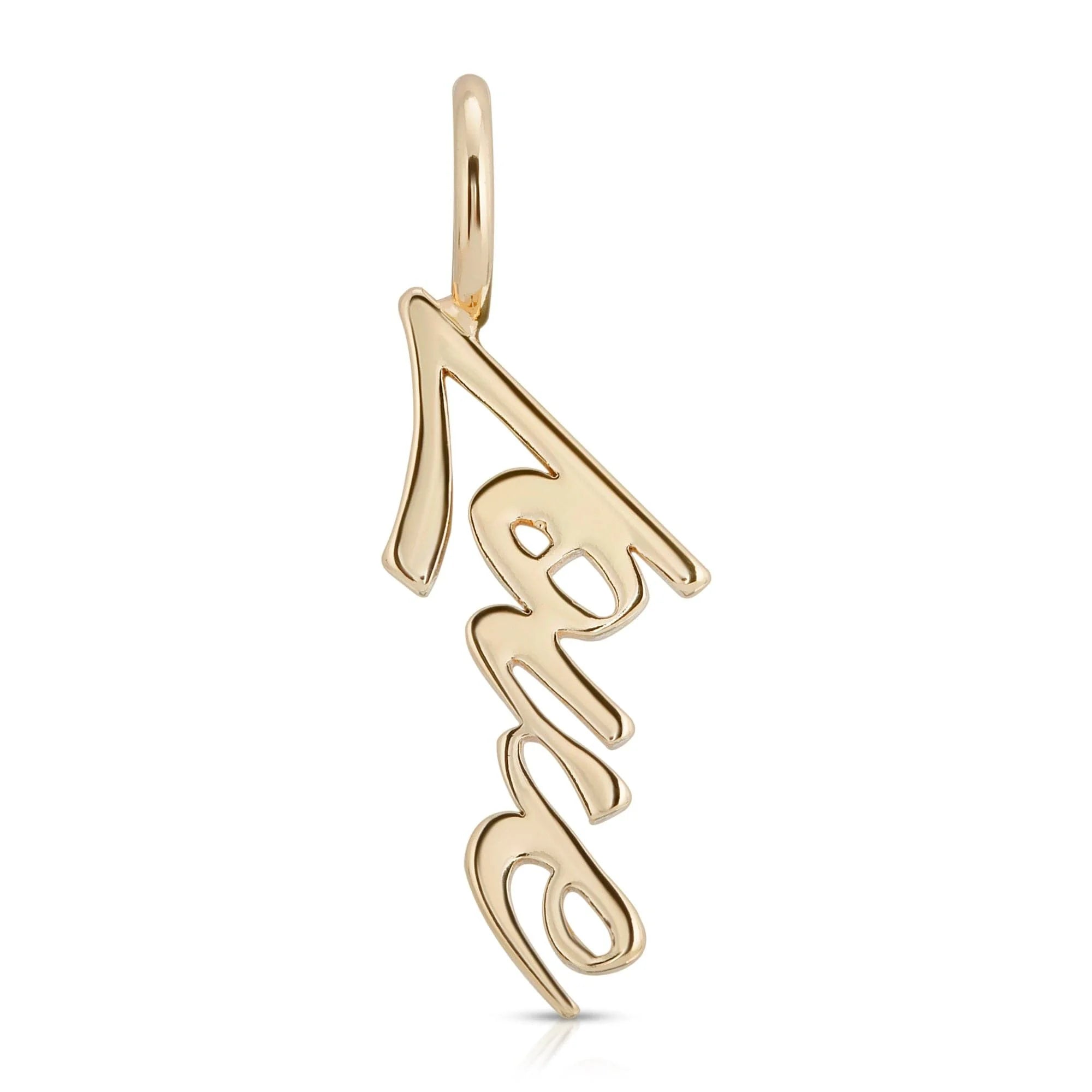 Gold-colored Script Love Pendant with elongated link chain in recycled brass plated finish
