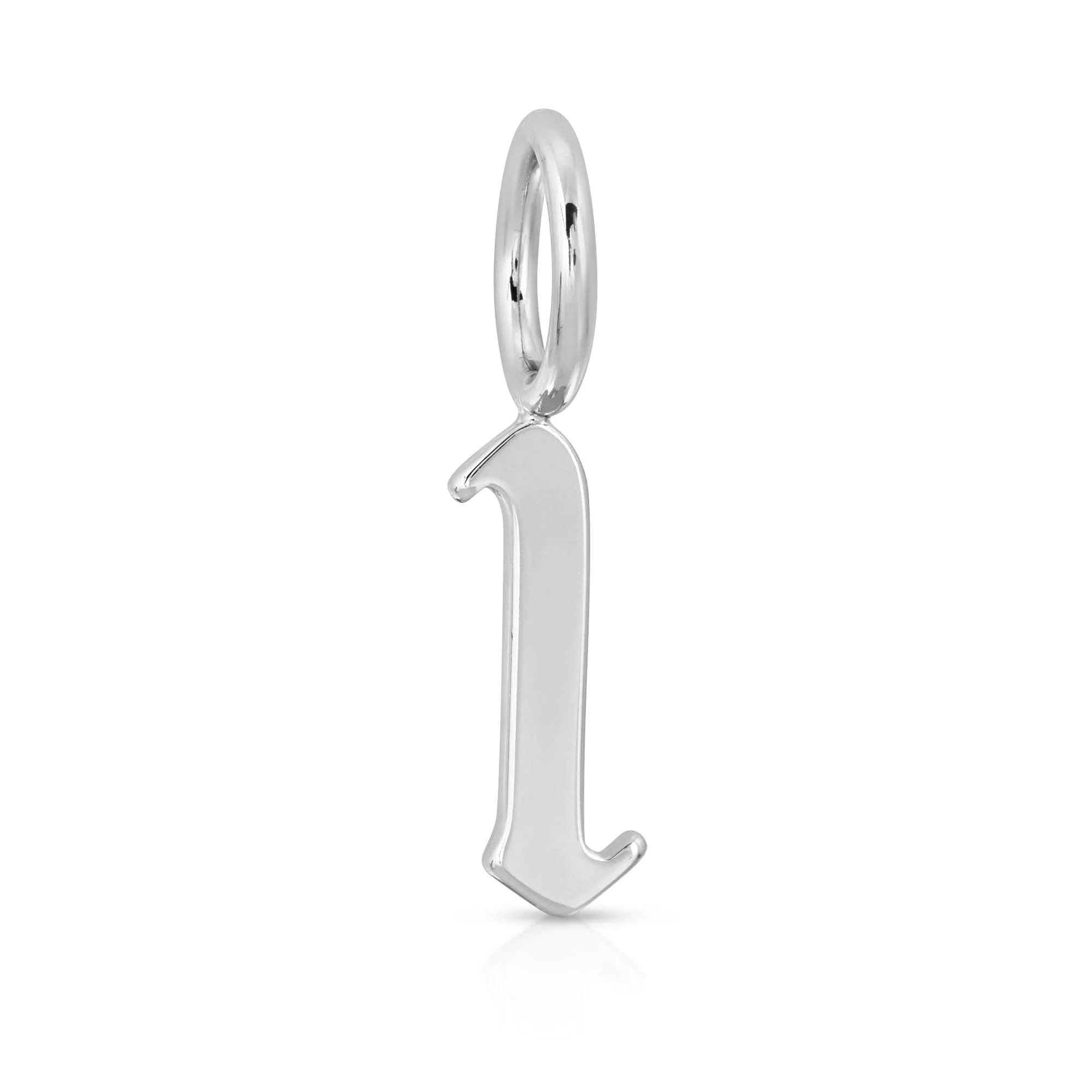 Silver lowercase letter l pendant from Silver Gothic Numbers featuring recycled brass plated gothic number charms