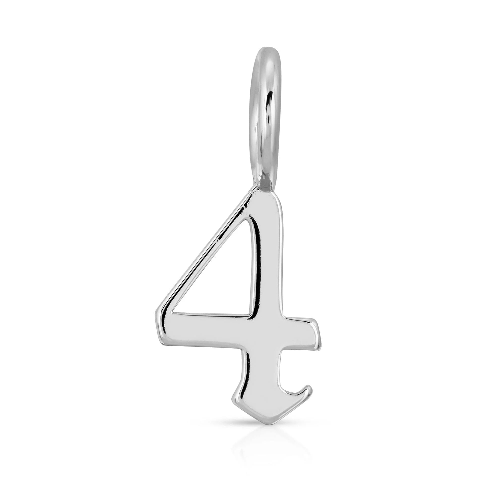 Silver number four pendant showcasing gothic number charms in recycled brass plated brass plated rhodium silver style
