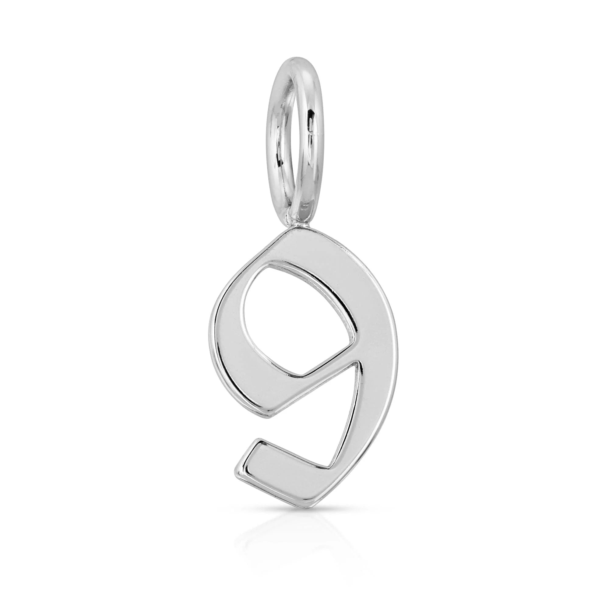 Silver number nine pendant from Silver Gothic Numbers featuring gothic number charms and recycled brass plated finish