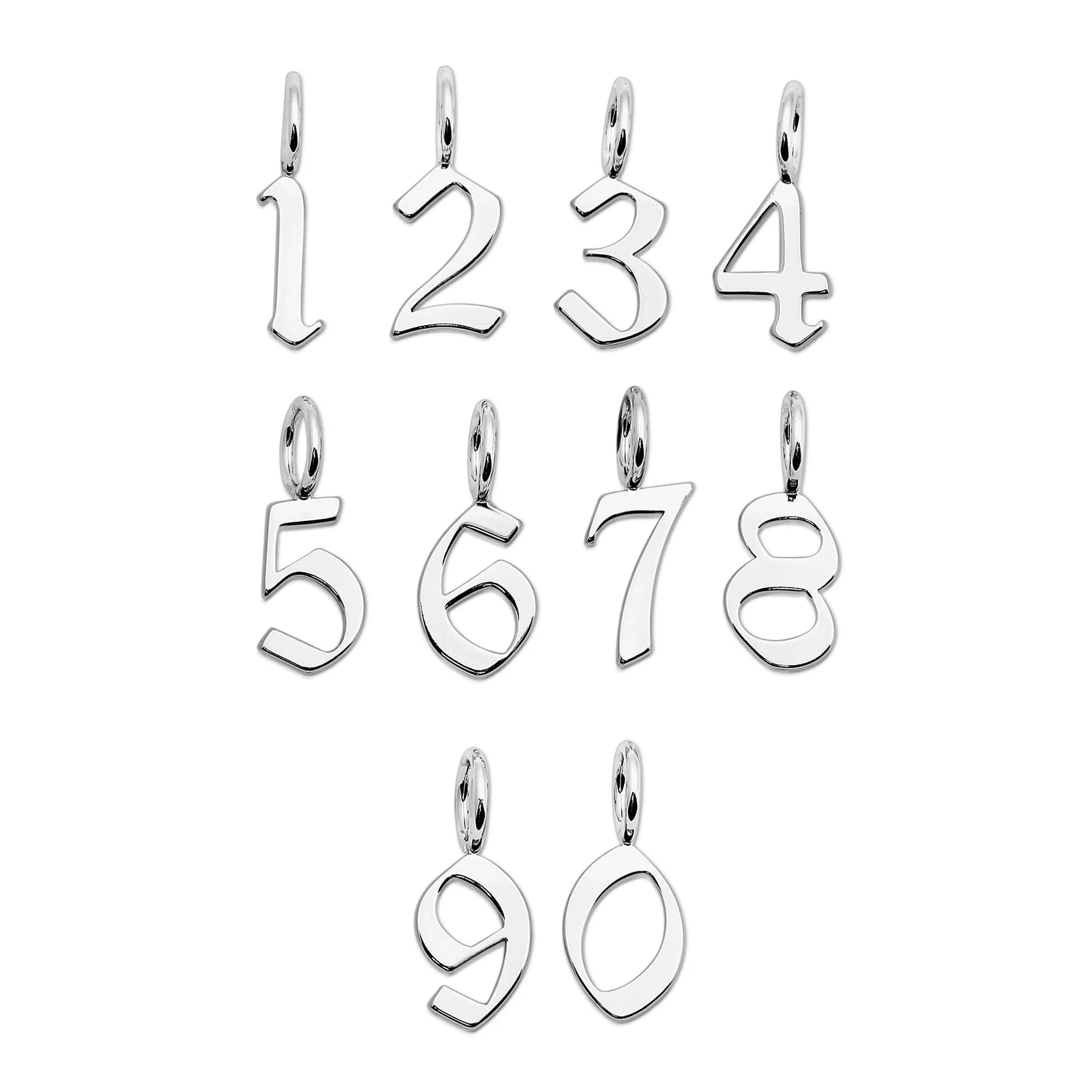 Silver Gothic Numbers pendants with recycled brass plated gothic number charms in brass plated rhodium-silver