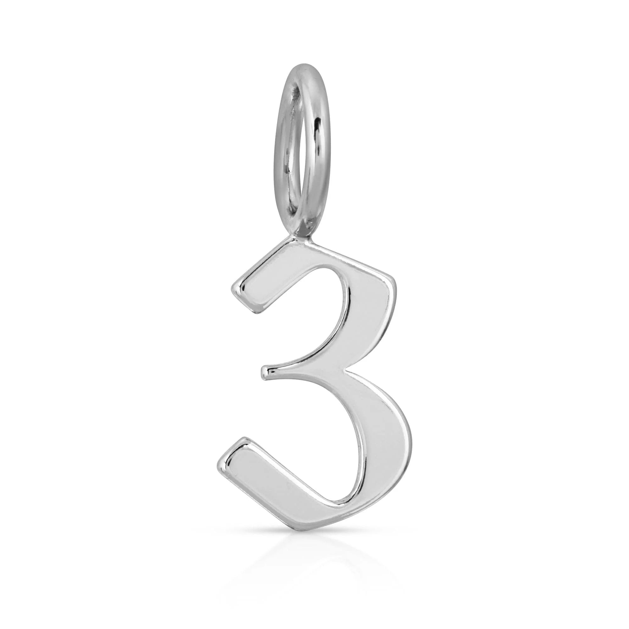 Silver number three pendant from Silver Gothic Numbers featuring gothic number charms and brass plated rhodium-silver finish