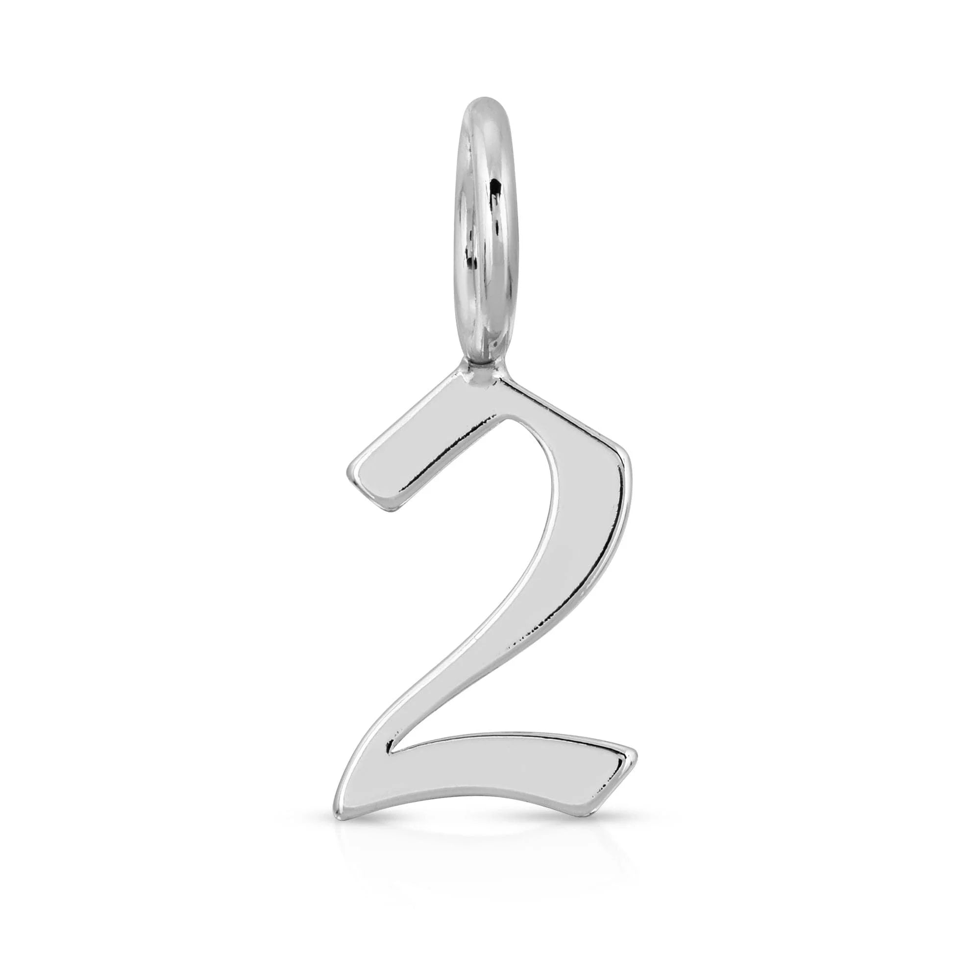 Silver number two pendant from Silver Gothic Numbers with gothic number charms in recycled brass plated rhodium-silver