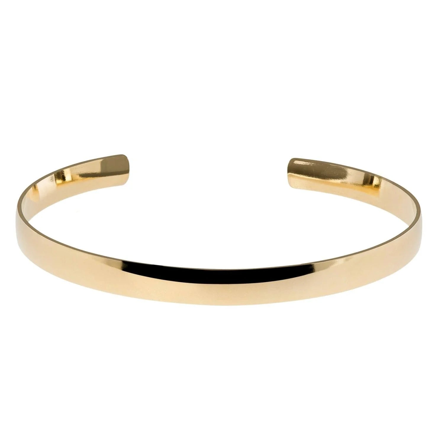 Polished 14k yellow gold cuff bracelet with a slightly domed brass collar design