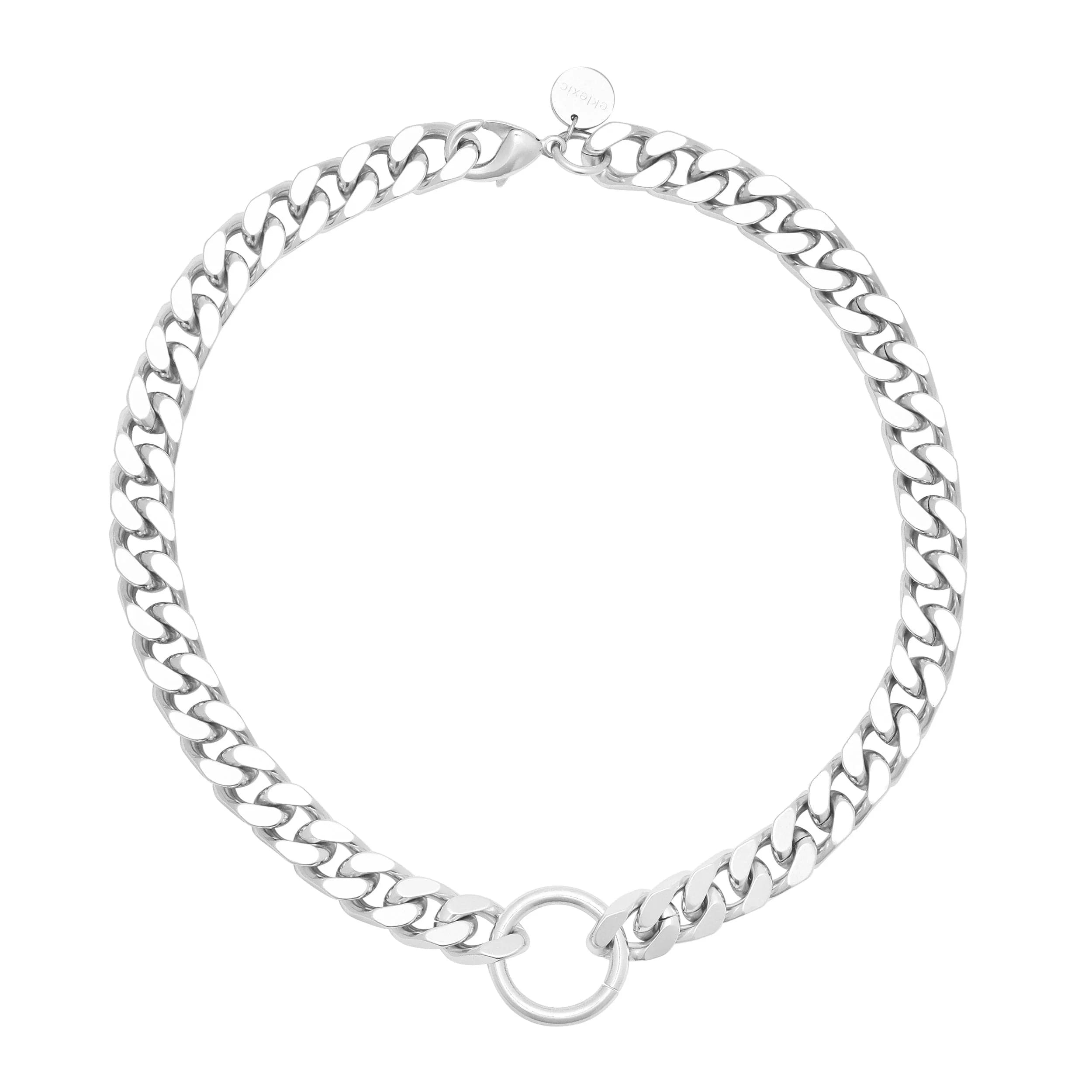 Tate Necklace featuring a rhodium-silver curb chain with ring detail