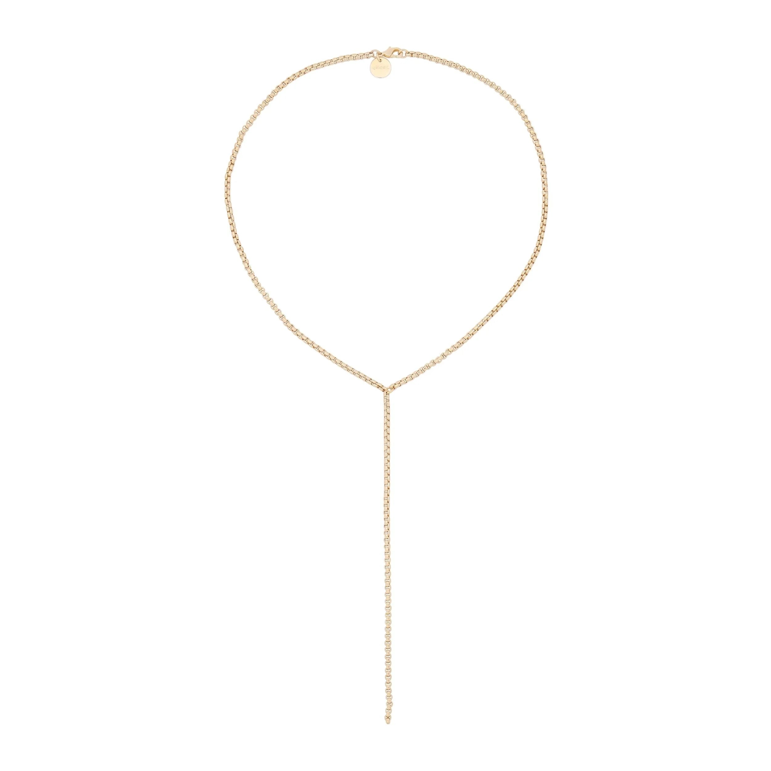 Gold-toned Y-shaped necklace featuring a Thin Luciana Box Chain Lariat design