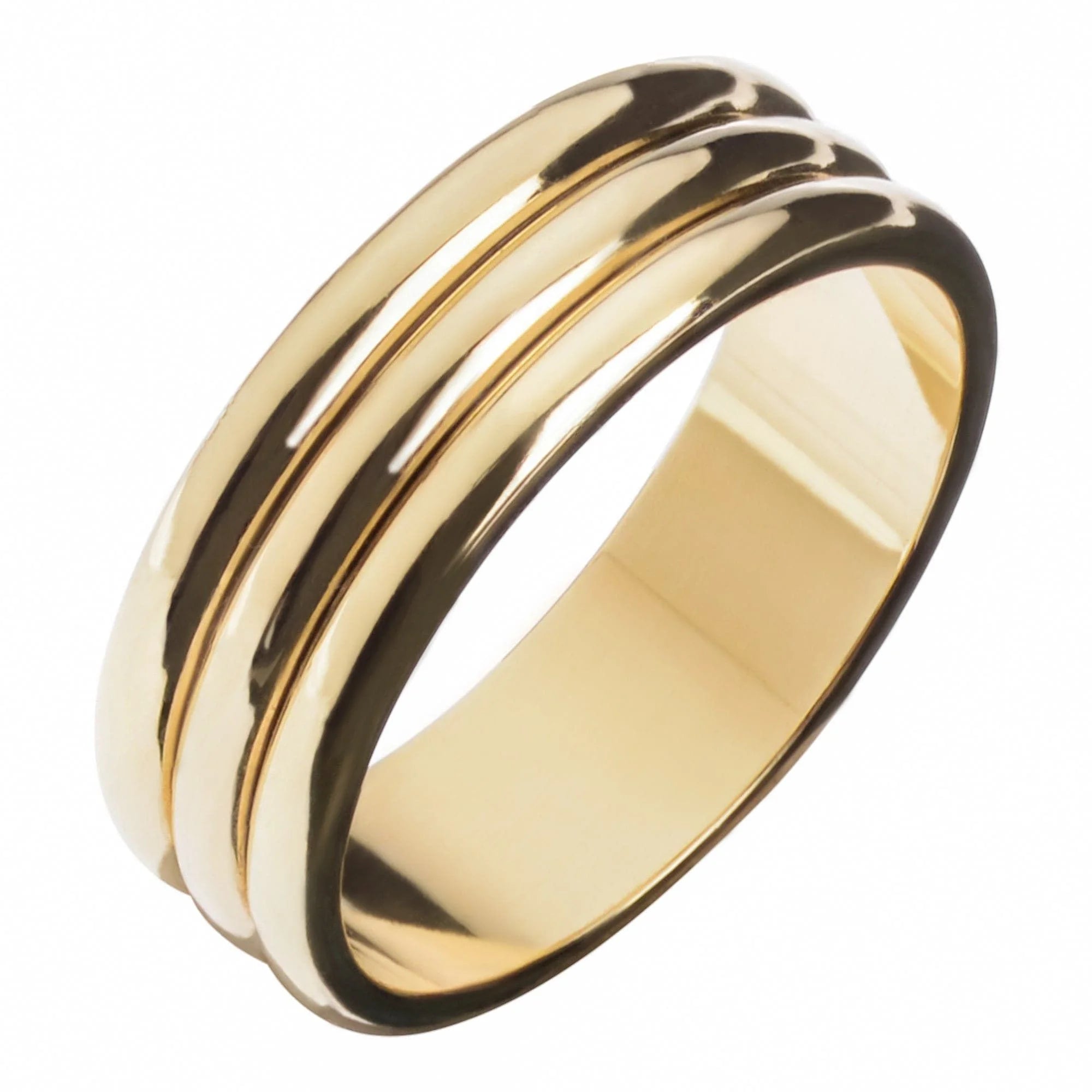 Gold triple-band ring showcasing the stylish brass triple domed 14k yellow finish