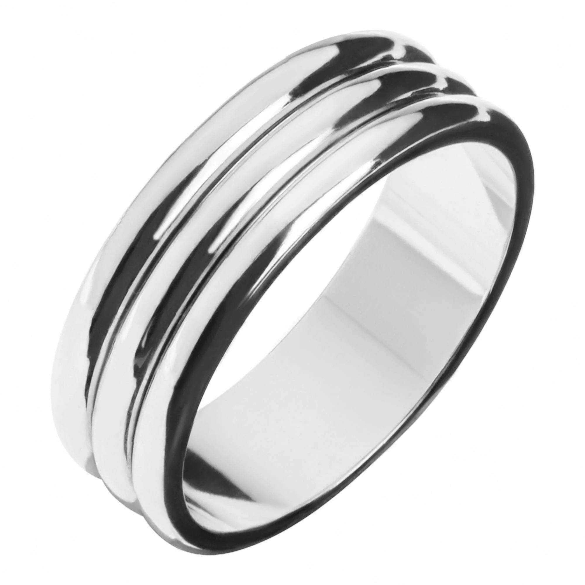 Silver triple-band ring featuring a 14k yellow gold triple domed design