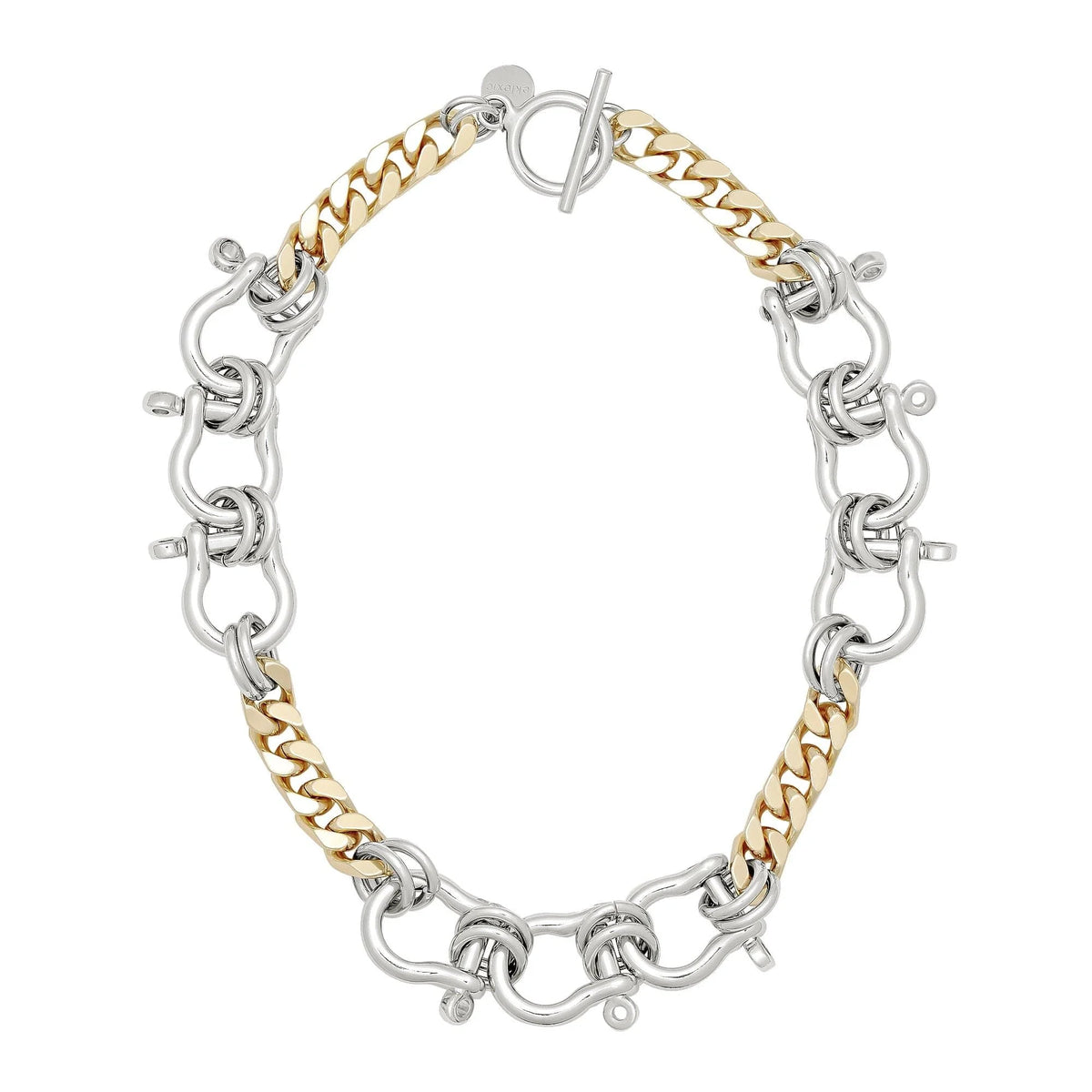 Shiny Two Toned Hendrick Necklace with silver and gold chain links on display