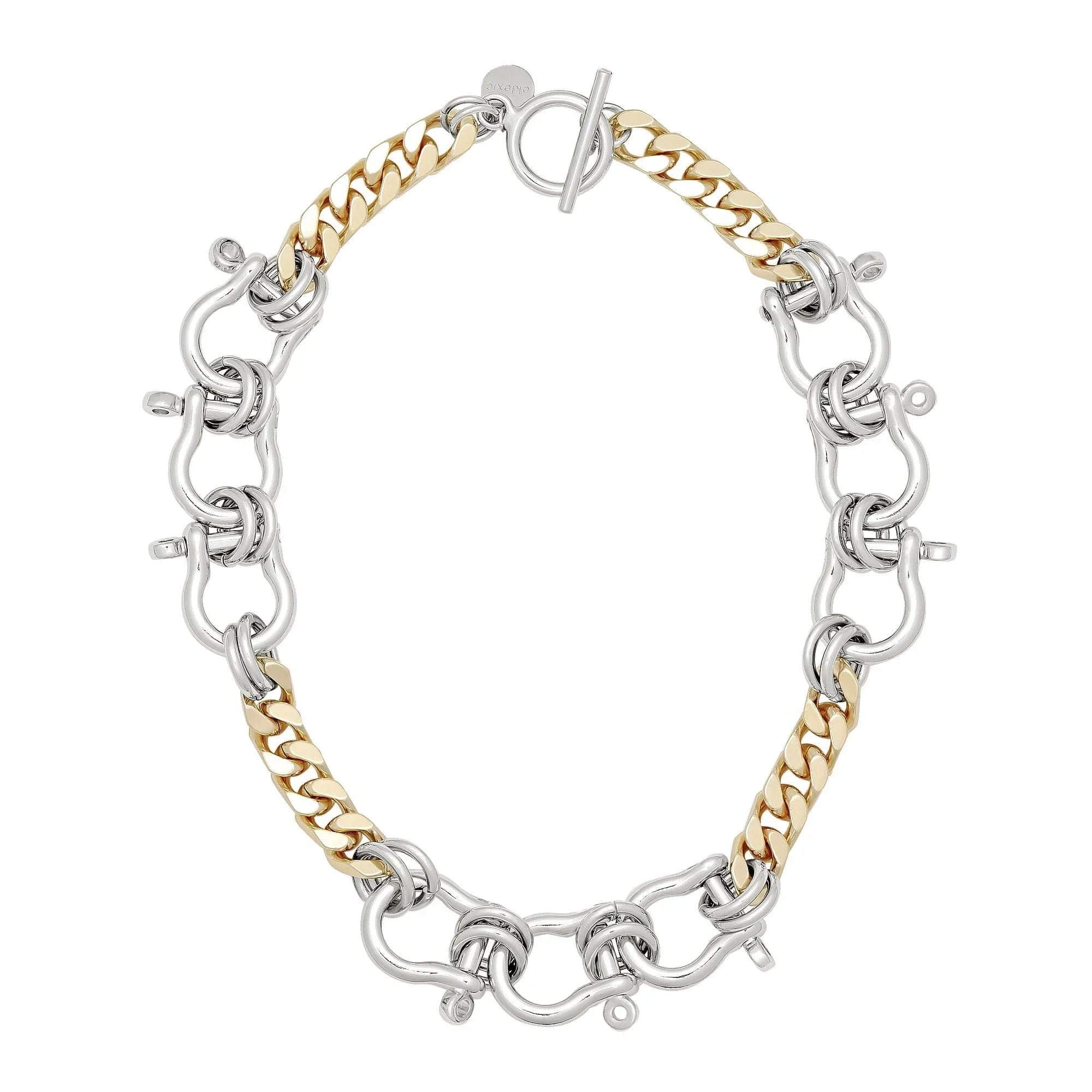 Shiny Two Toned Hendrick Necklace with silver and gold chain links on display
