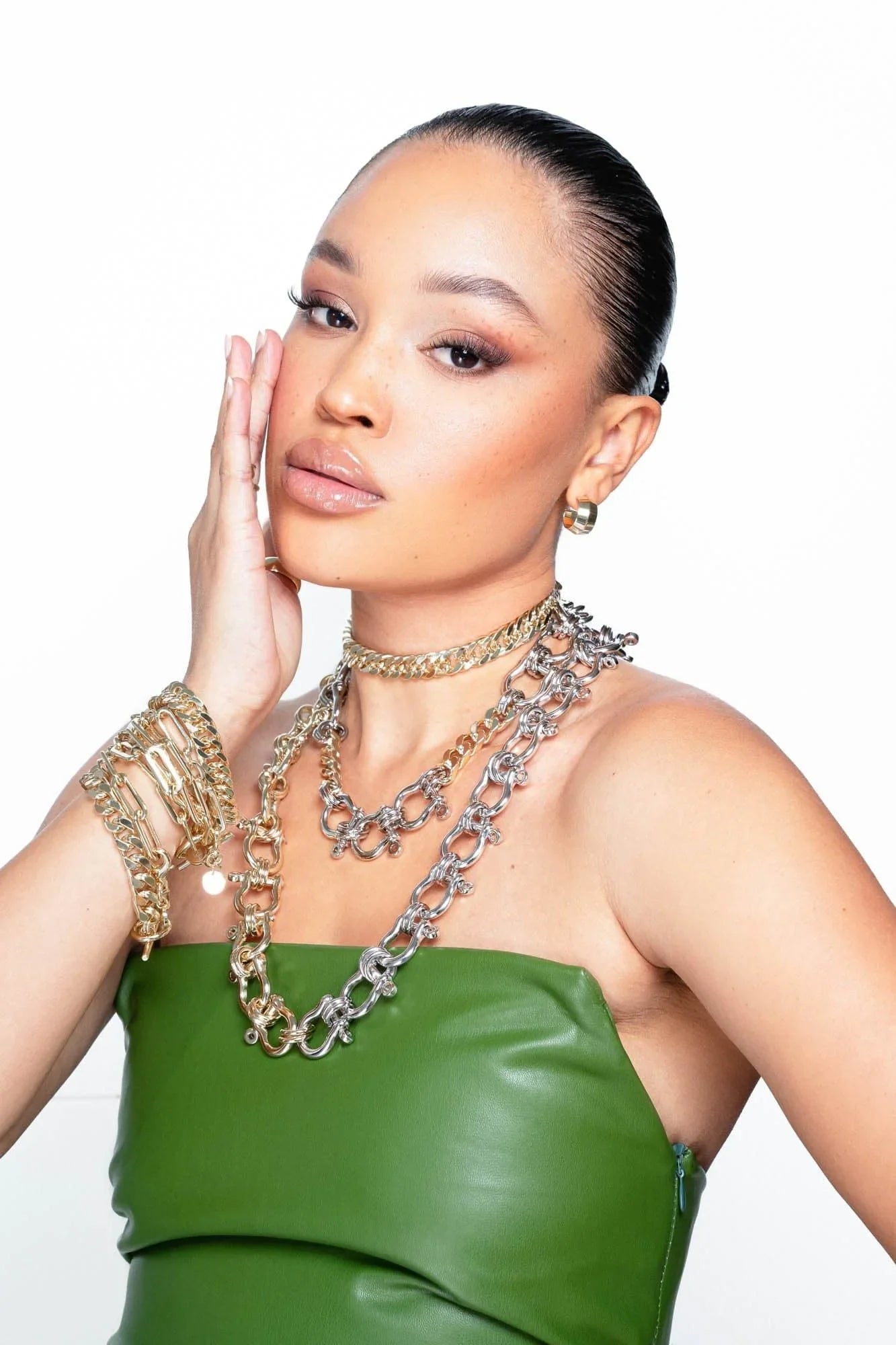 Woman wearing Two Toned XL Harrison Necklace with gold and silver chains