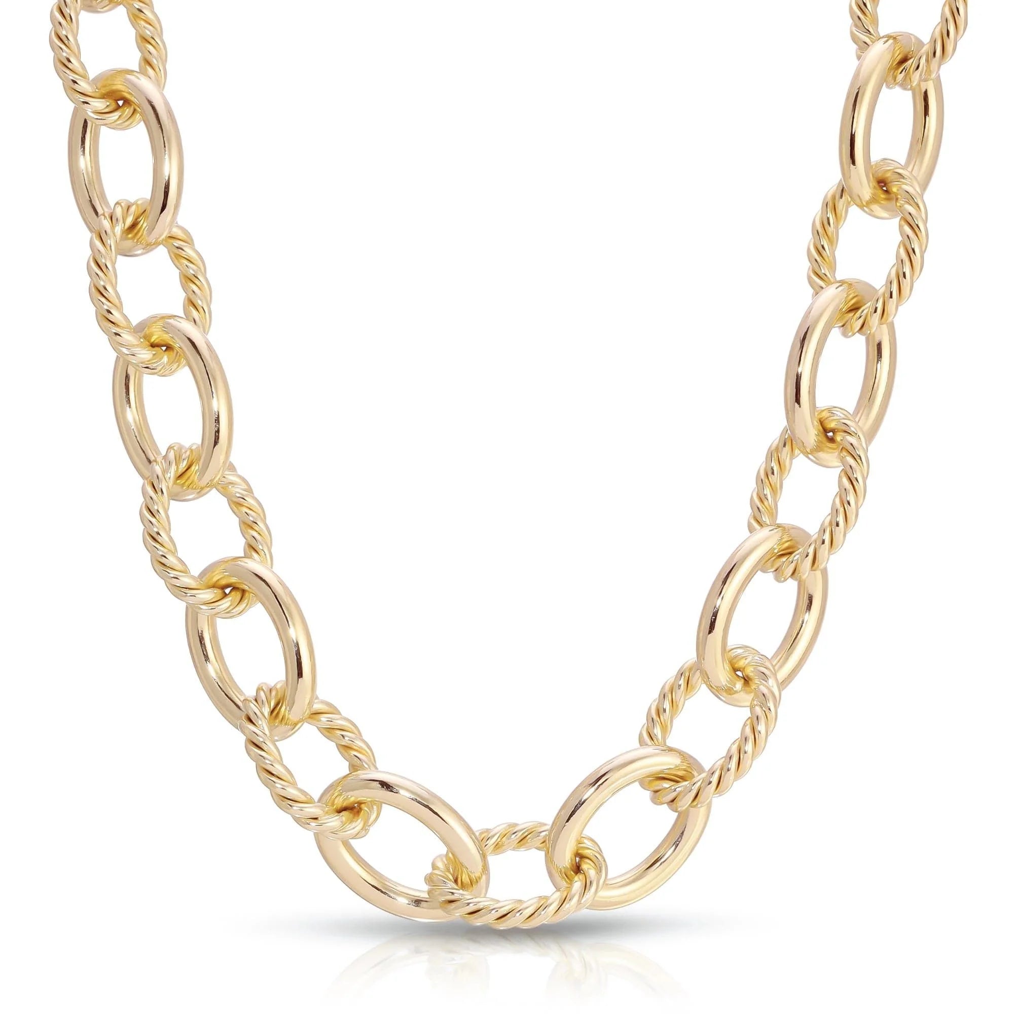 Gold-toned oval link chain necklace with recycled brass finishes and rhodium plating
