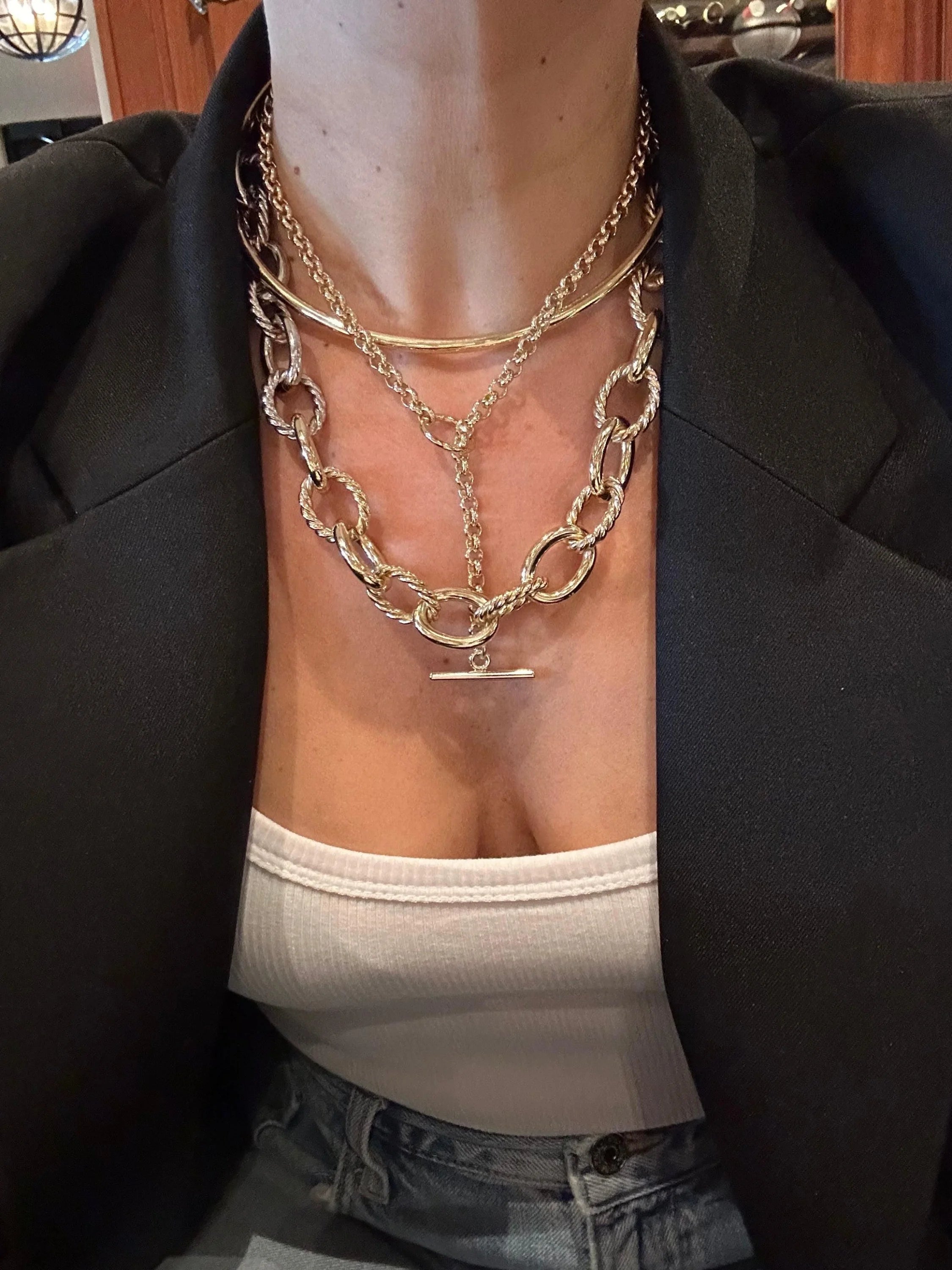 Layered gold necklaces with recycled brass finishes and extra large links on XL Alternating Twisted Link Toggle Necklace