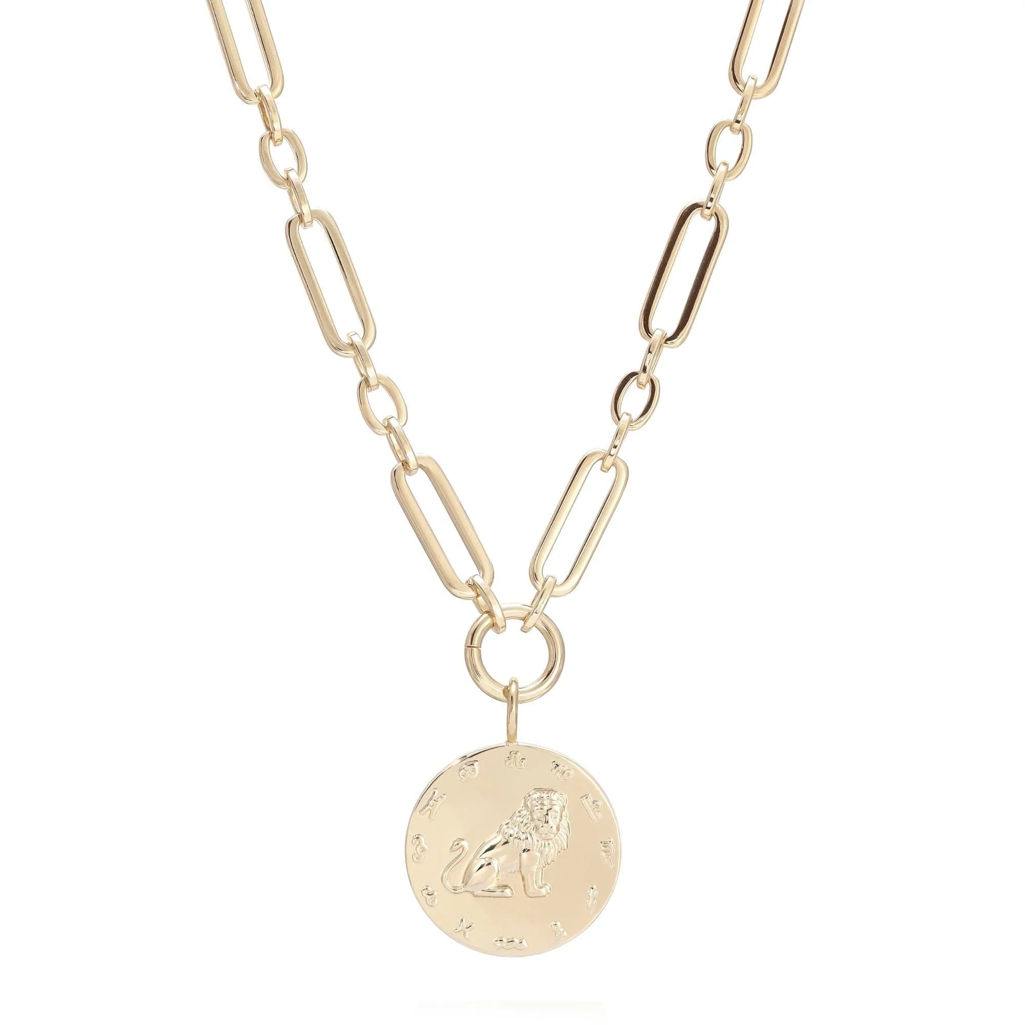 Gold zodiac pendant necklace with large multi-link chain and drop pendant design